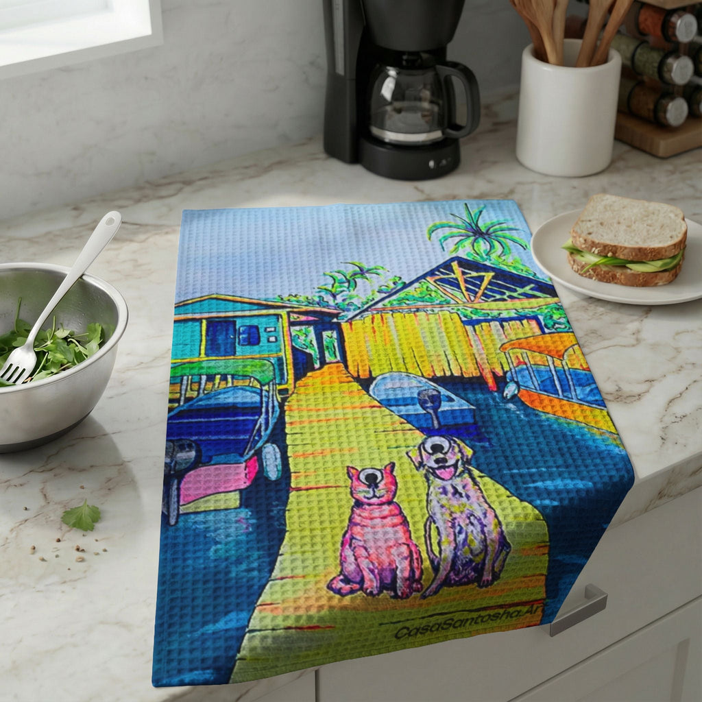 Cyclops Cat and Dog in Bocas Waffle Weave Kitchen Hand Towel