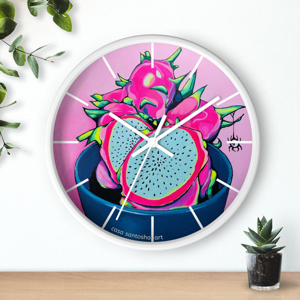 Neon Pink Dragon Fruit Pop Art Wall Clock