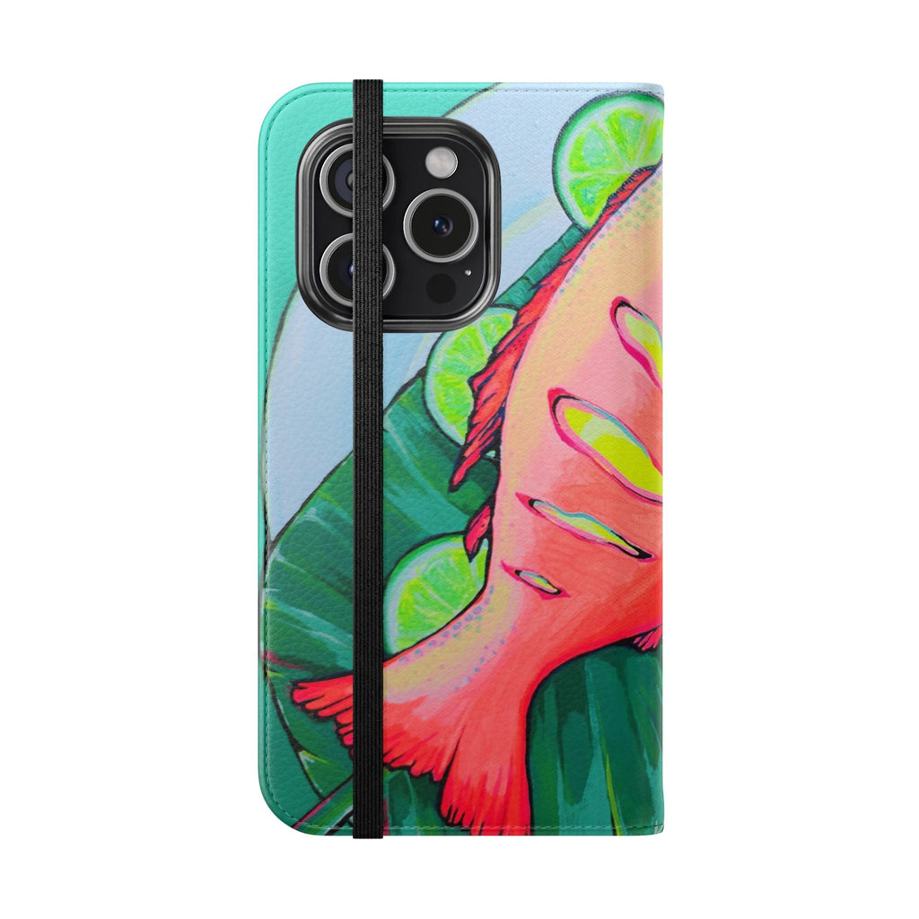 Neon Fried Fish Flip Phone Case – Wallet Cover with Card Slots