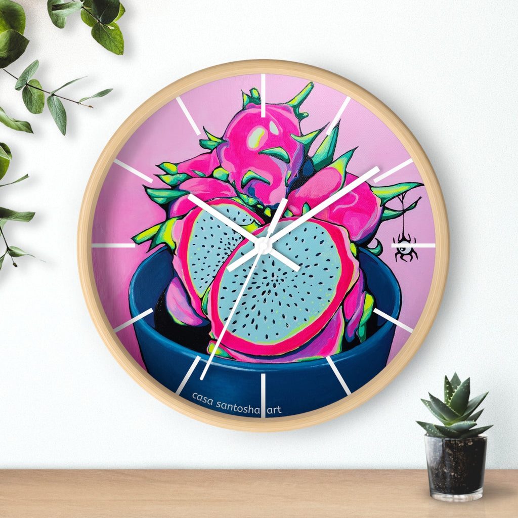 Neon Pink Dragon Fruit Pop Art Wall Clock