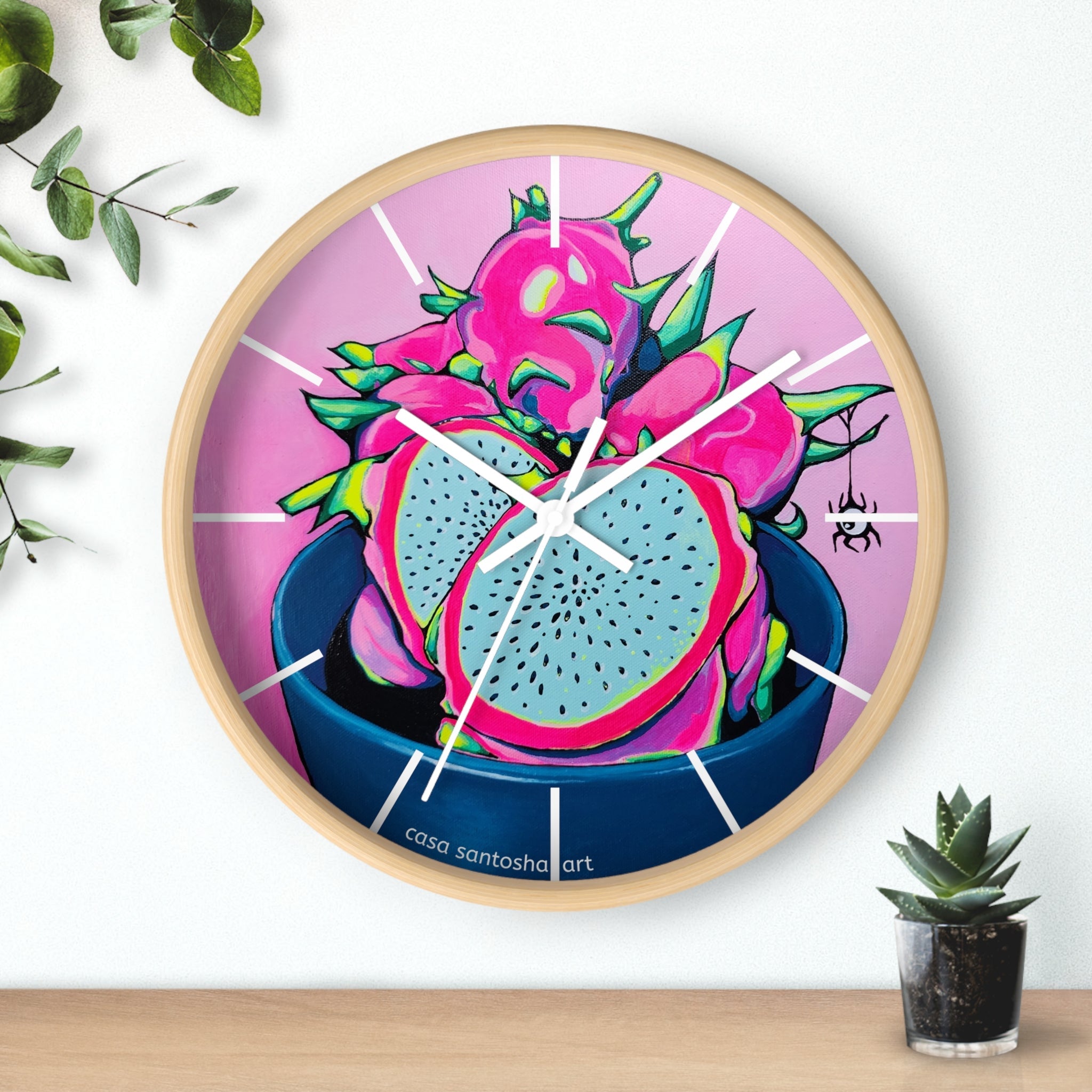 Neon Pink Dragon Fruit Pop Art Wall Clock