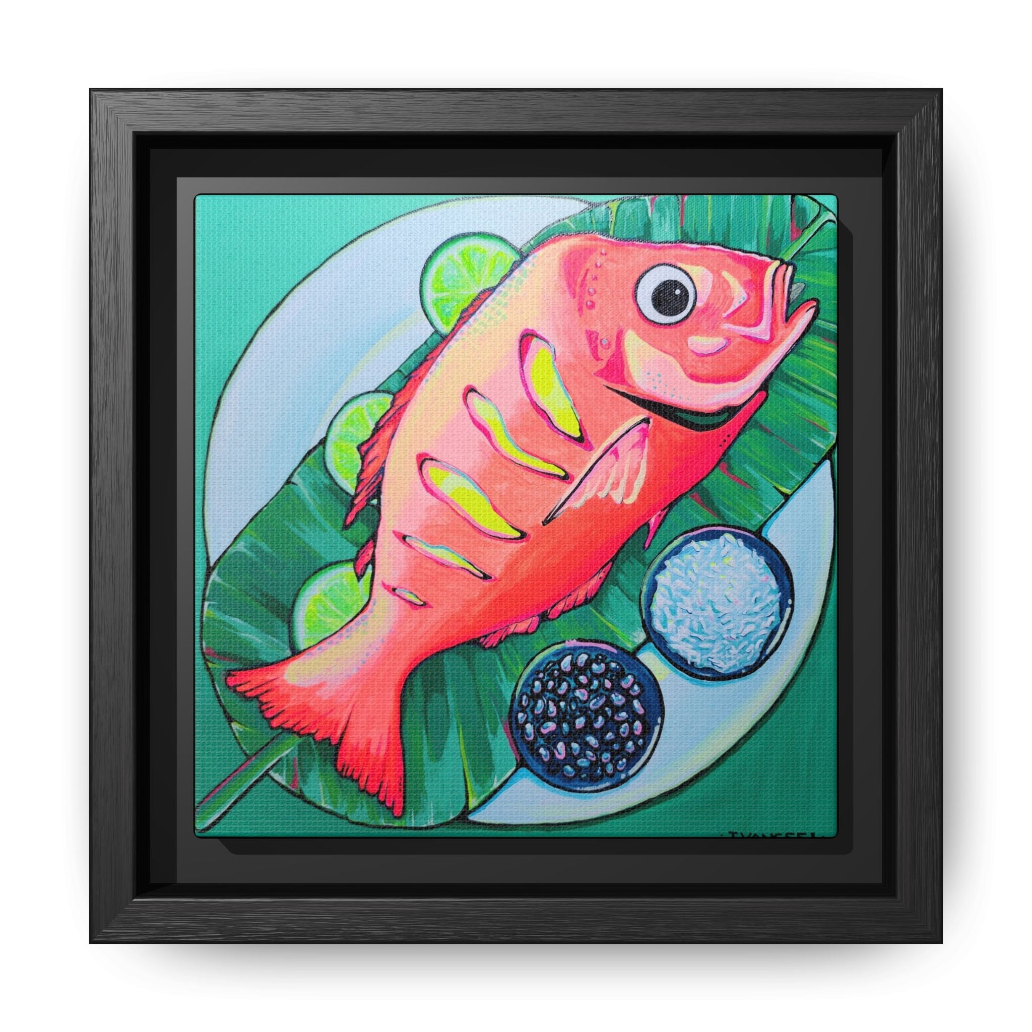 Framed Neon Fried Fish Canvas Print