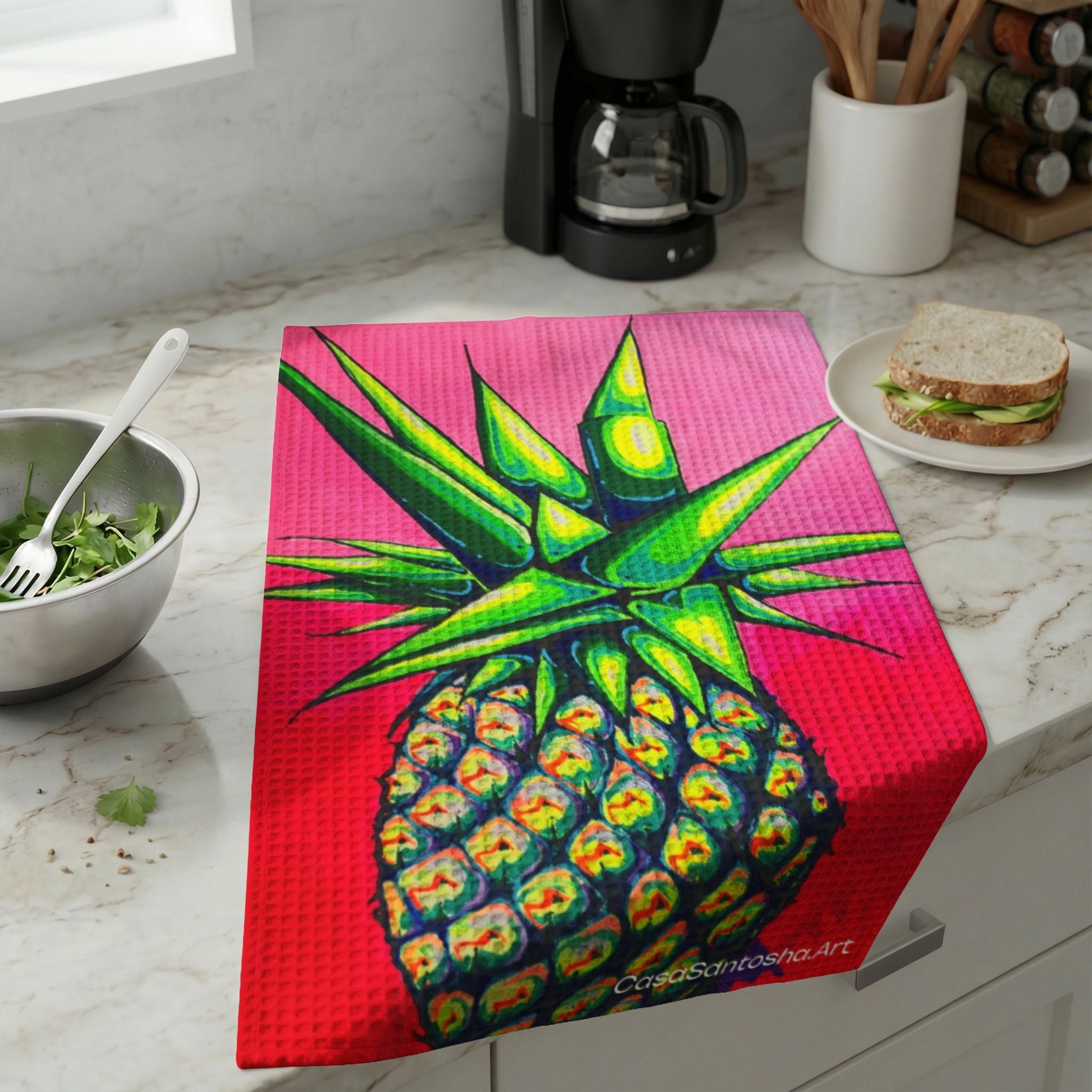 Neon Pineapple Waffle Weave Kitchen Hand Towel