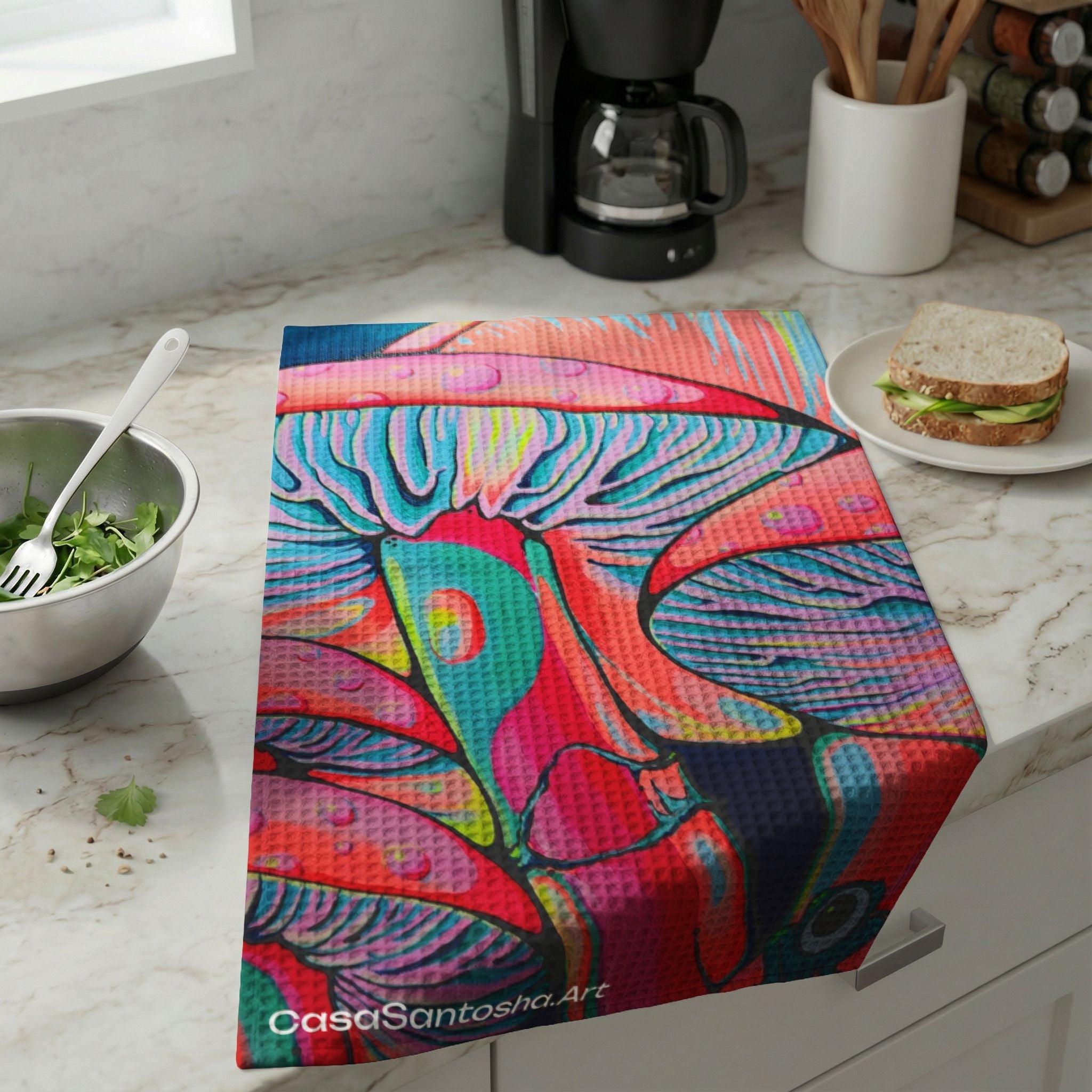 Trippy Mushrooms Waffle Weave Kitchen Hand Towel