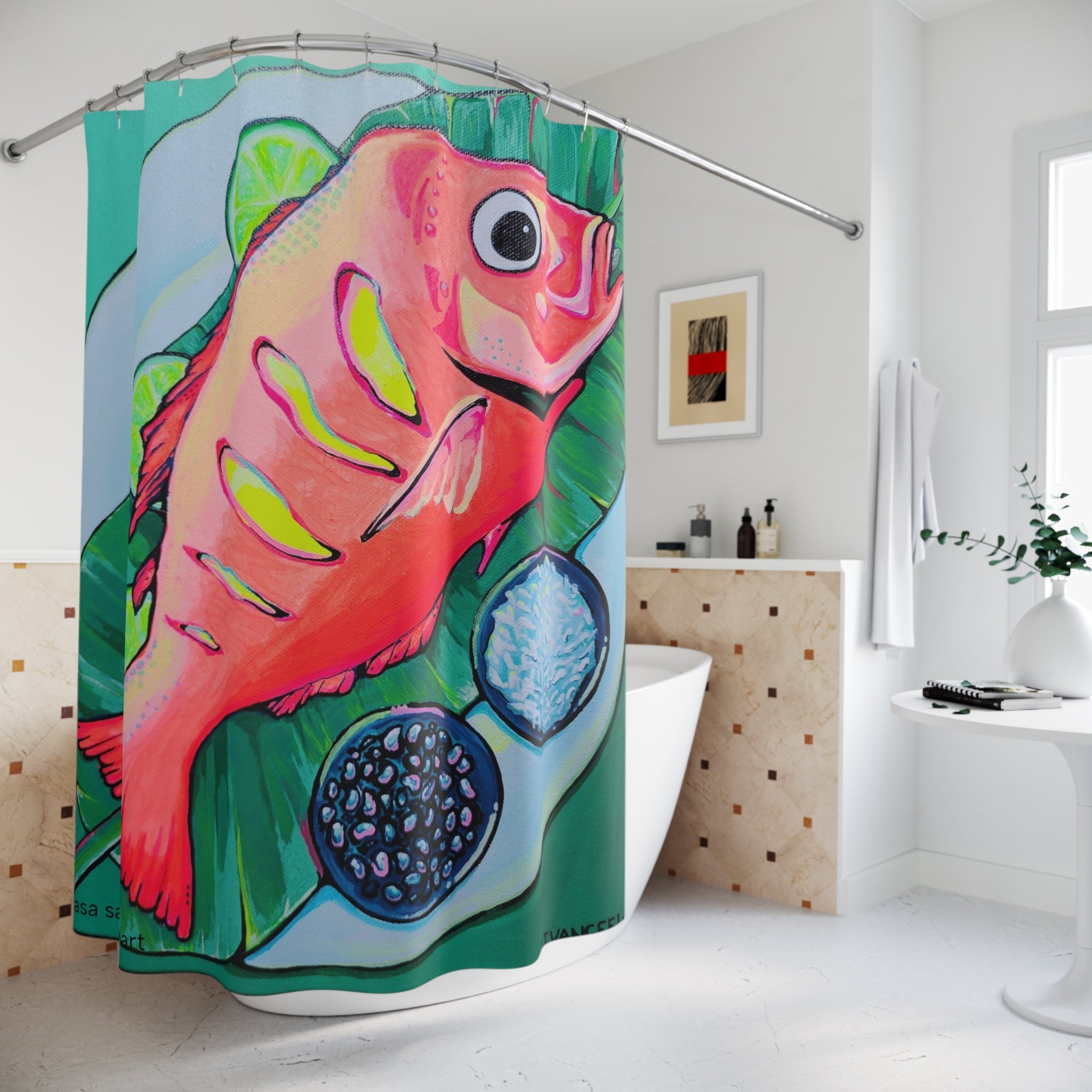 Neon Fried Fish Pop Art Shower Curtain