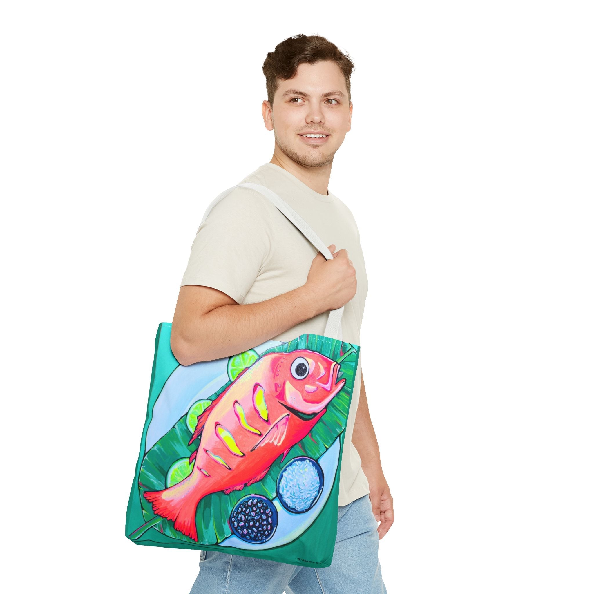 Premium Neon Fried Fish Tote Bag, Original Artist Design, Reusable Shopping Tote, Eco-Friendly