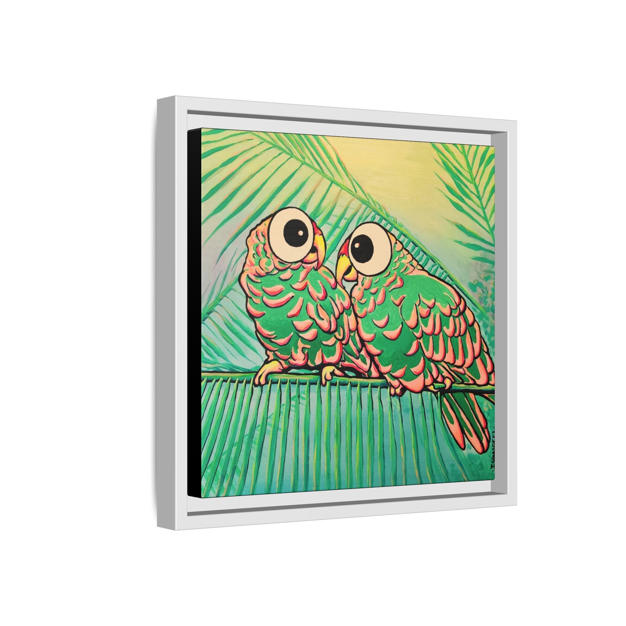 Framed Chatty Cyclops Parrots Canvas Print