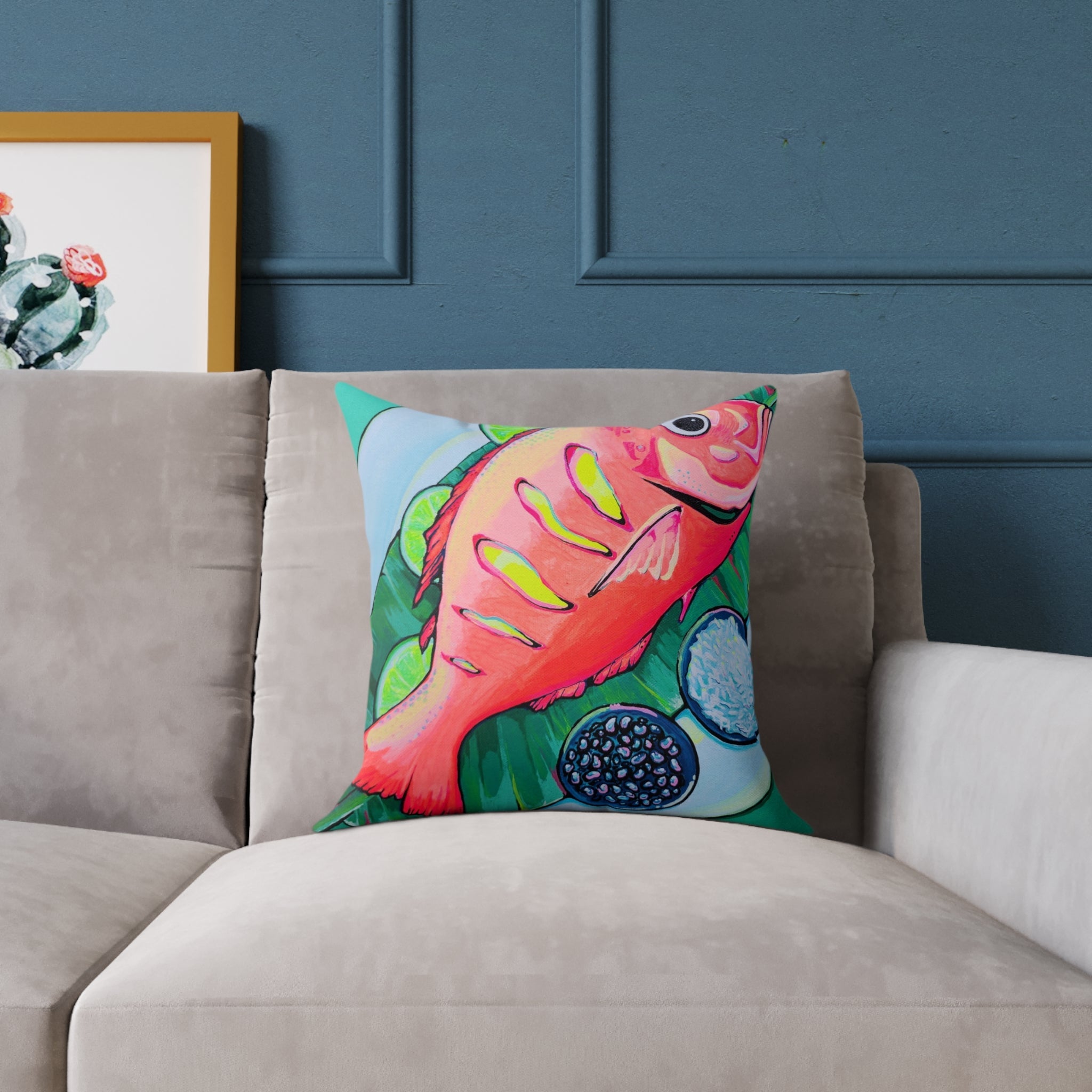 Neon Fried Fish Art Canvas Decorative Pillow
