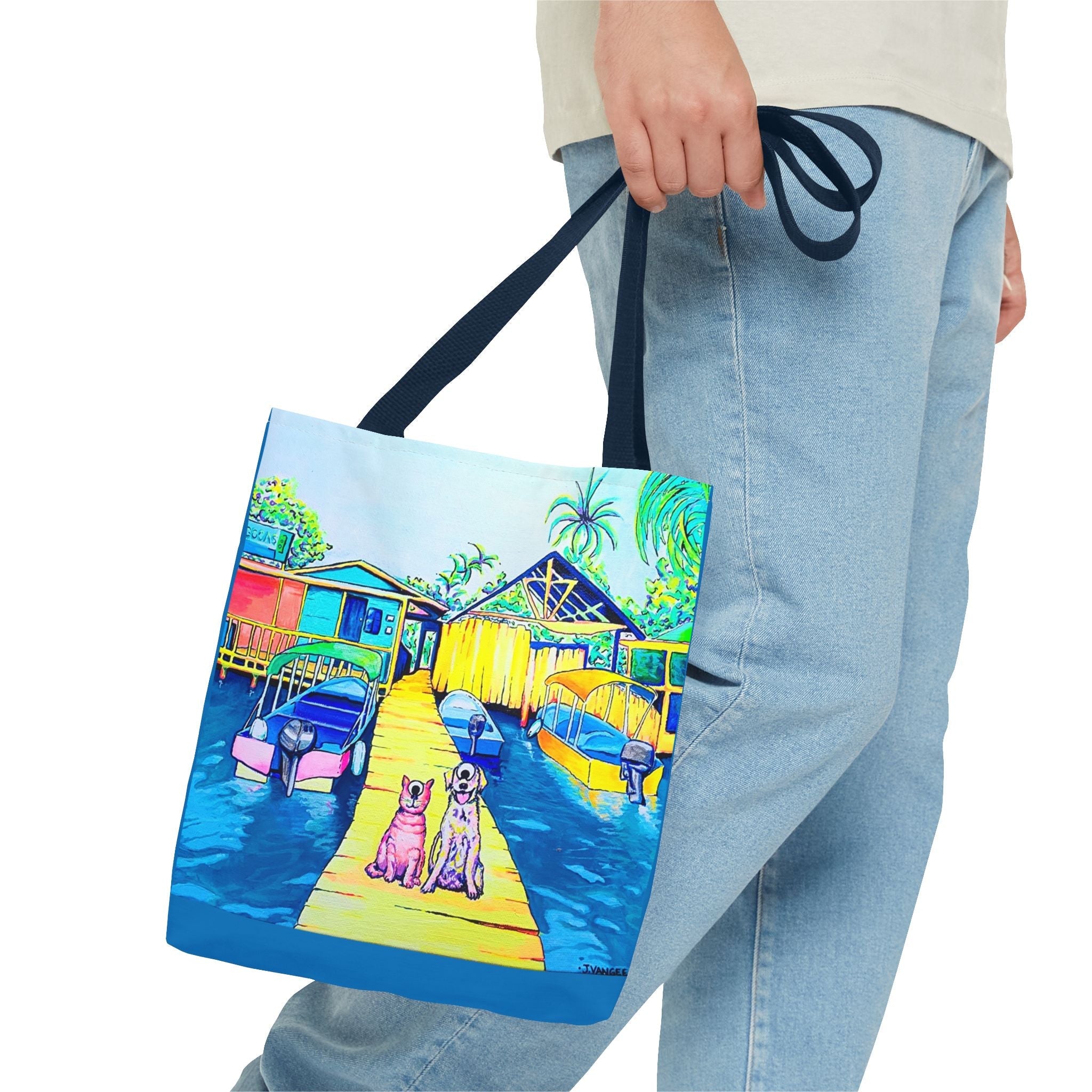 Premium Cyclops Cat and Dog in Bocas Tote Bag, Original Artist Design, Reusable Shopping Tote,  Eco-Friendly