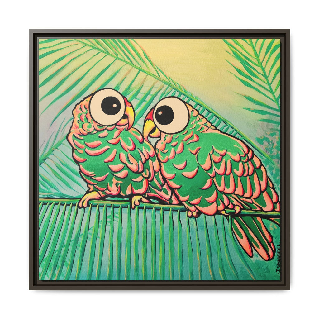 Framed Chatty Cyclops Parrots Canvas Print