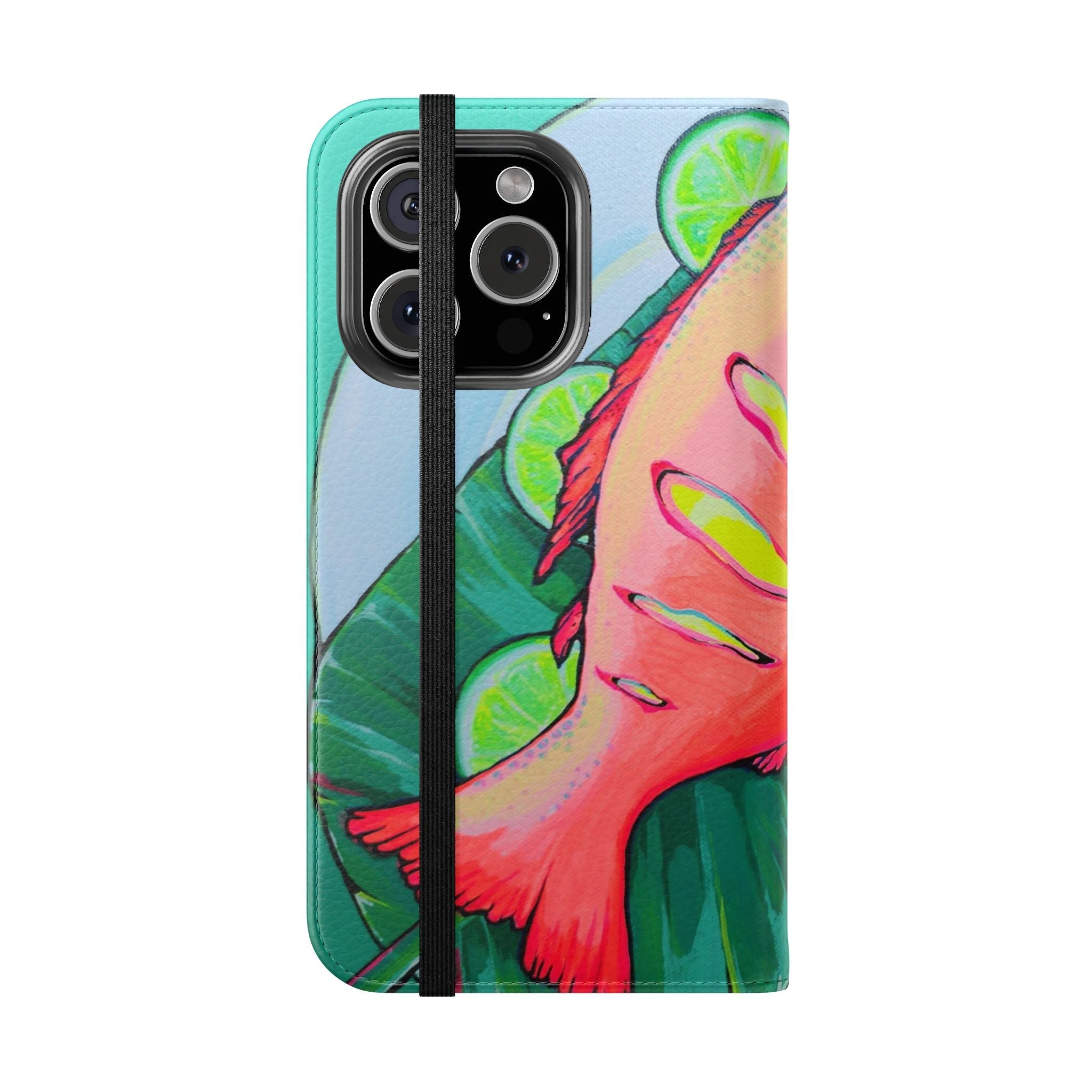 Neon Fried Fish Flip Phone Case – Wallet Cover with Card Slots