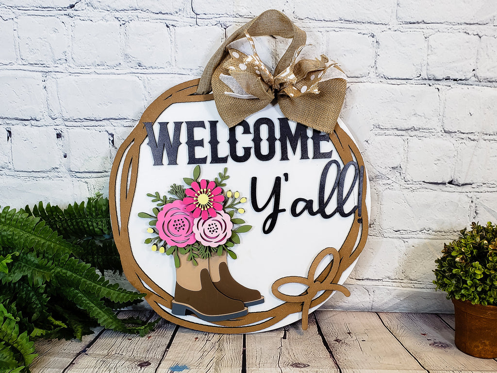 Welcome Yall Cowboy Boots with Flowers Door Hanger DIY Unfinished Kit