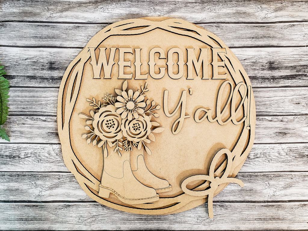 Welcome Yall Cowboy Boots with Flowers Door Hanger DIY Unfinished Kit