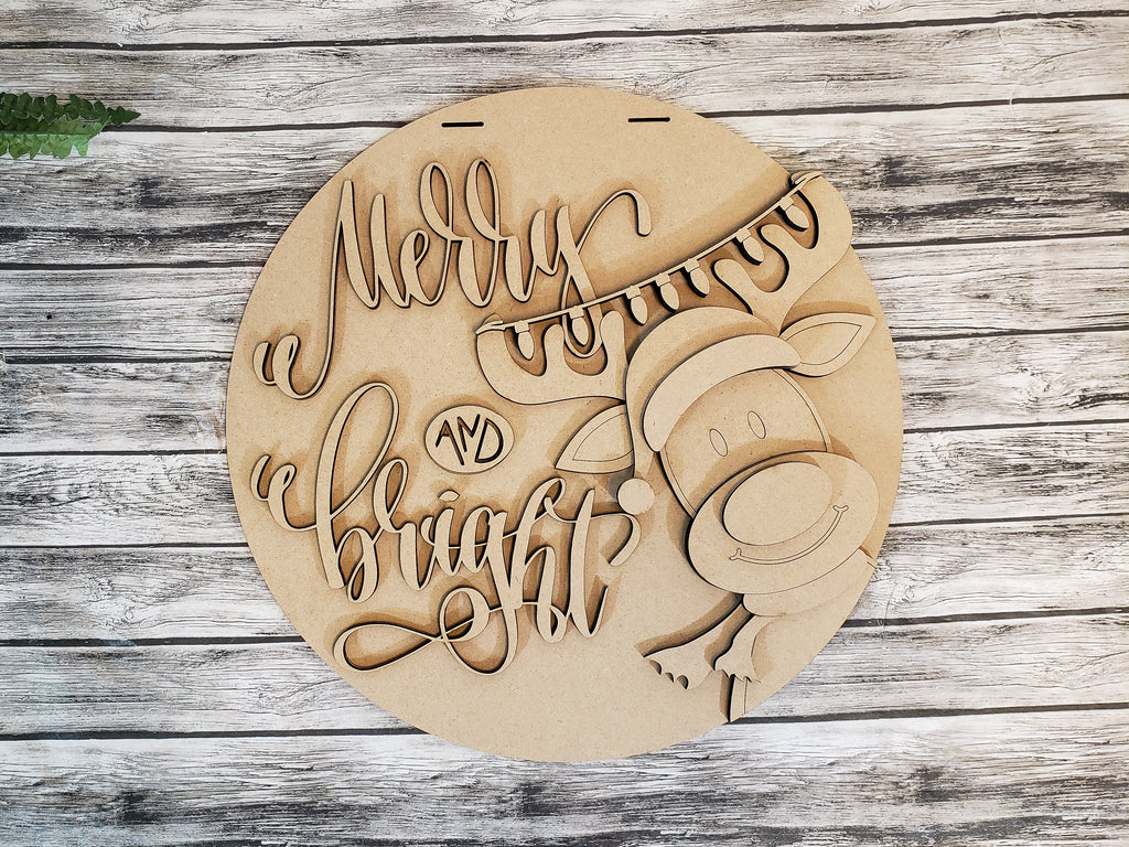 Merry and Bright Reindeer Christmas Door Hanger DIY Unfinished Kit
