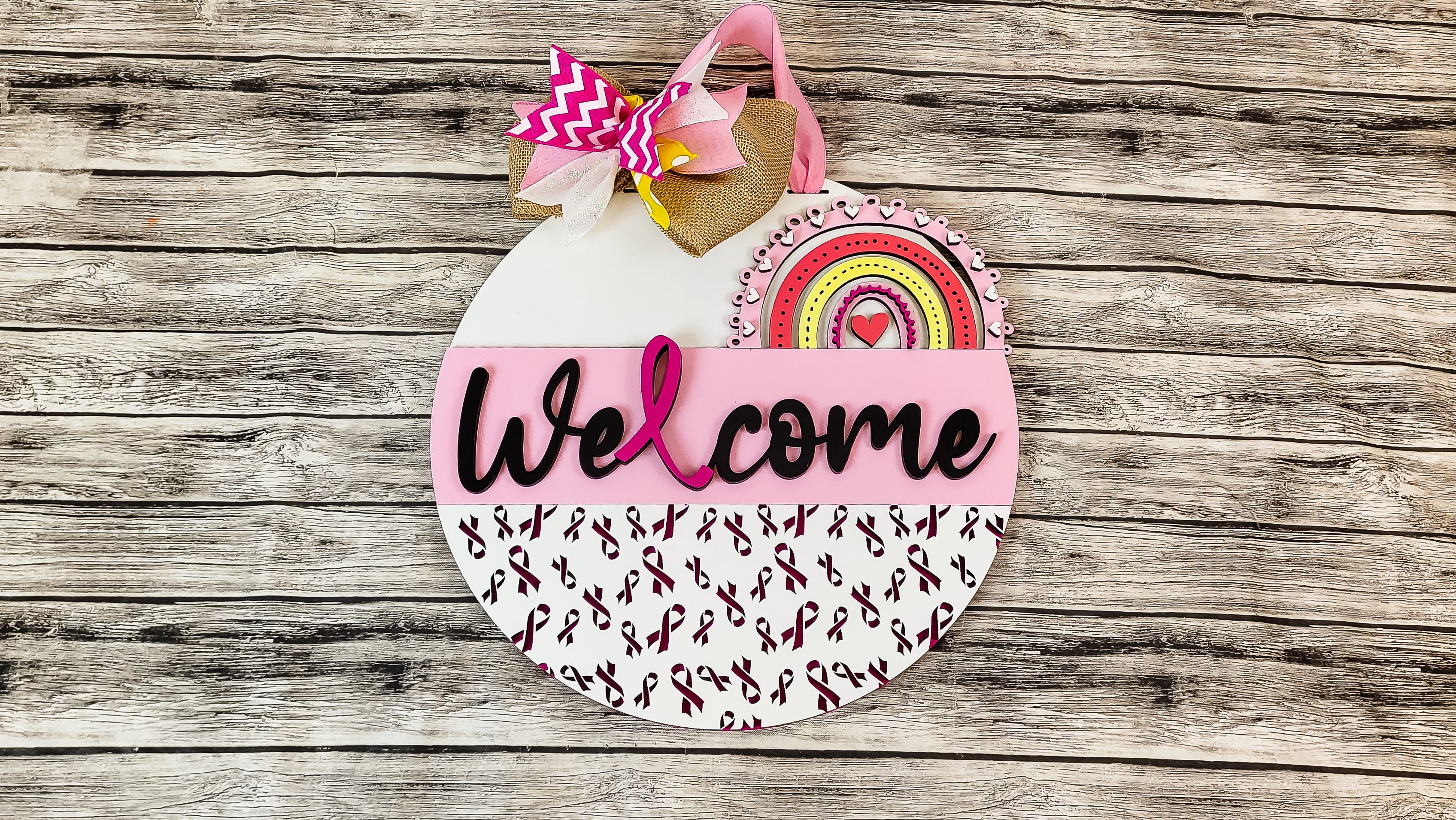 Breast Cancer Awareness Ribbons and Rainbow Door Hanger