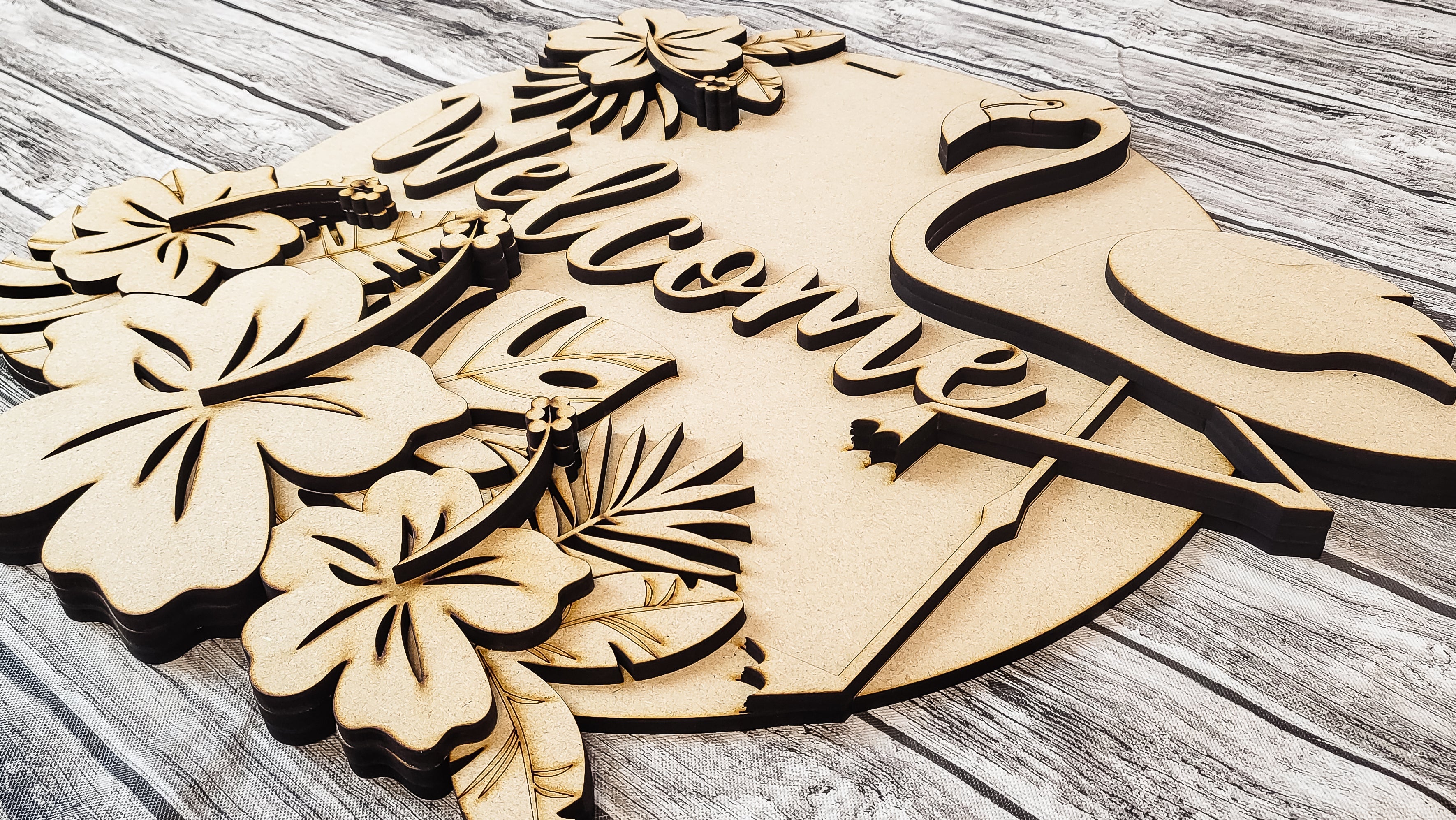 3D Welcome Tropical Palms and Flamingo Door Hanger DIY Unfinished Kit