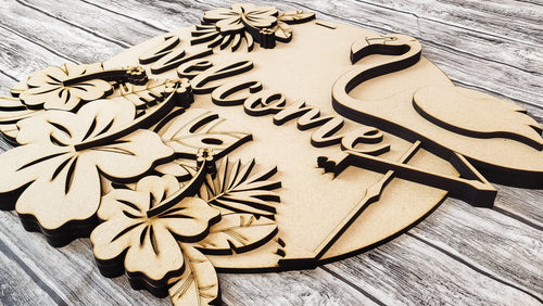 3D Welcome Tropical Palms and Flamingo Door Hanger DIY Unfinished Kit