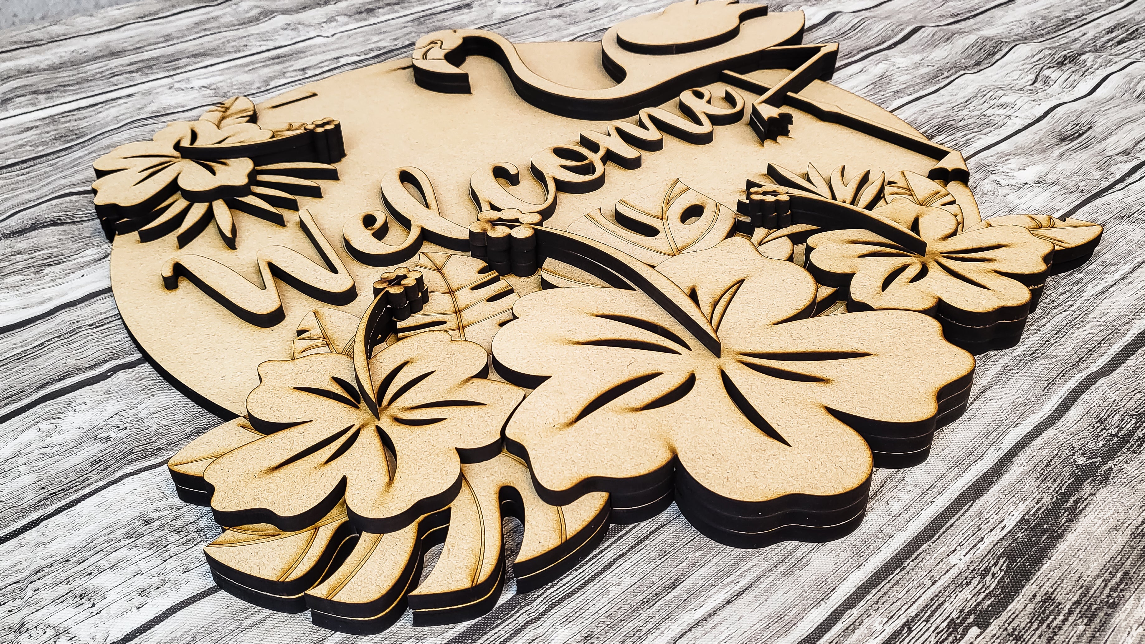 3D Welcome Tropical Palms and Flamingo Door Hanger DIY Unfinished Kit