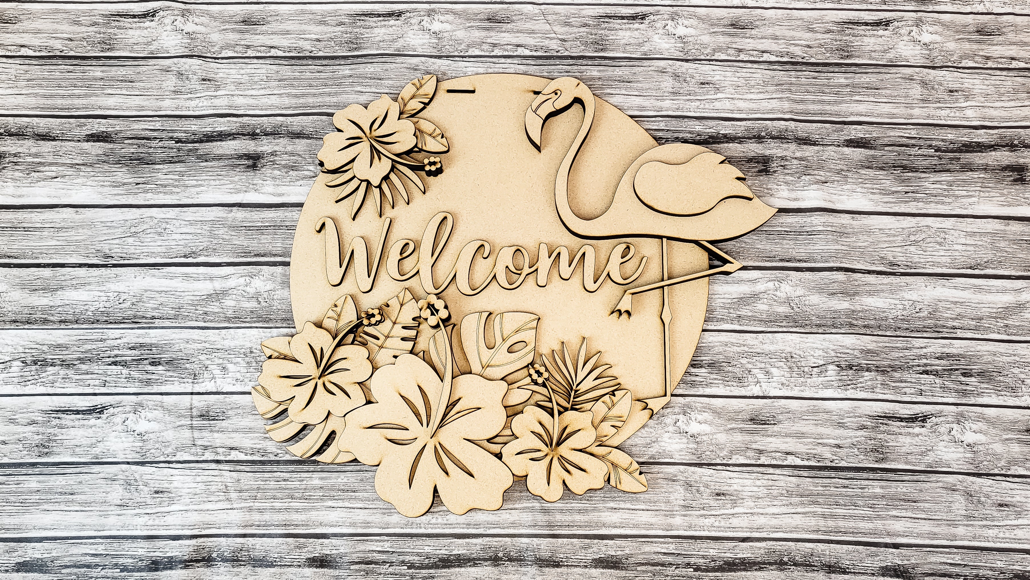 3D Welcome Tropical Palms and Flamingo Door Hanger DIY Unfinished Kit