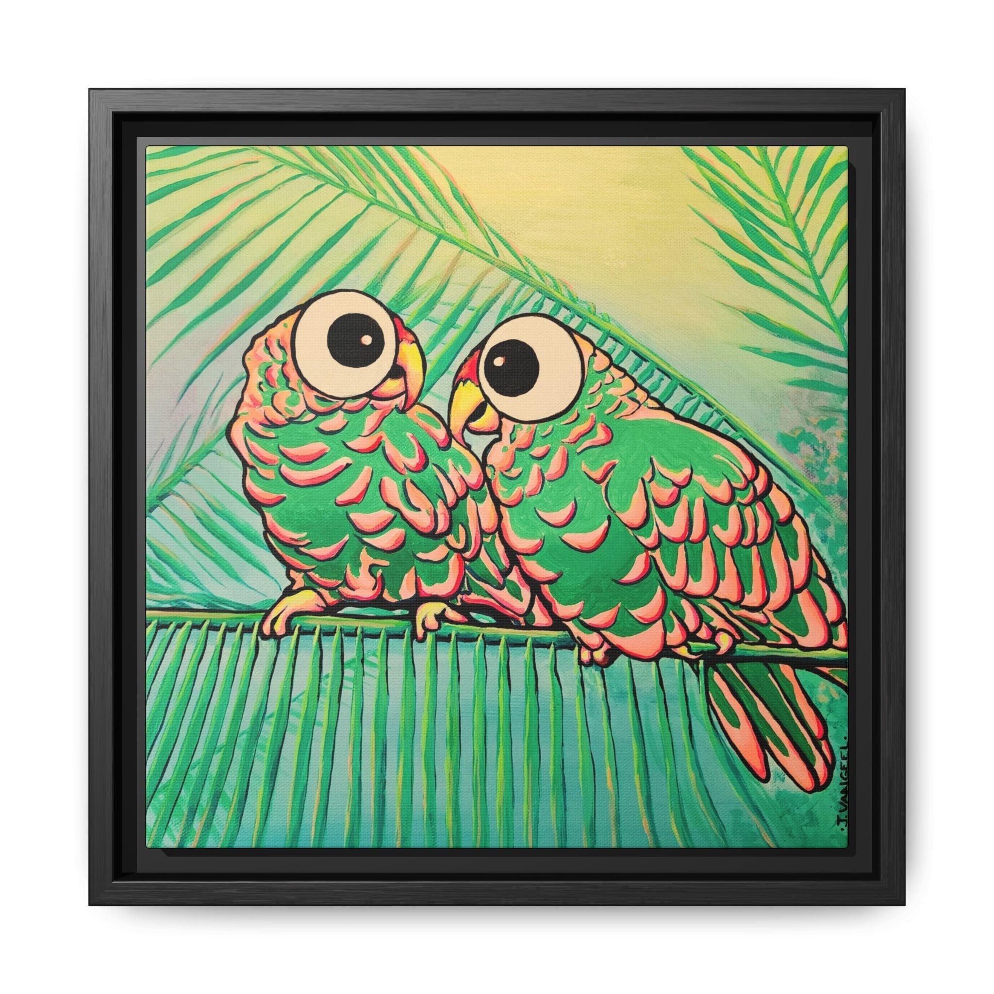 Framed Chatty Cyclops Parrots Canvas Print