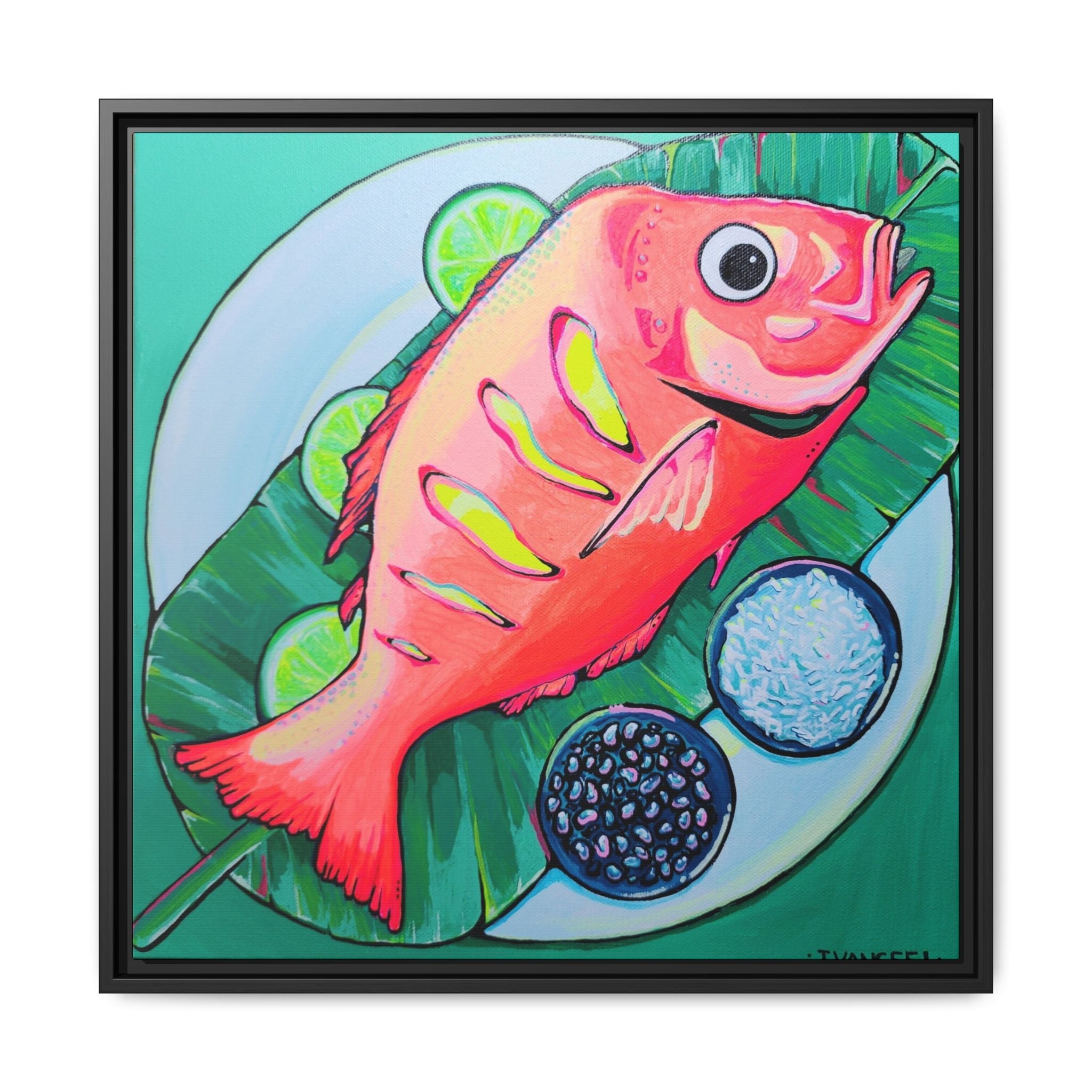 Framed Neon Fried Fish Canvas Print