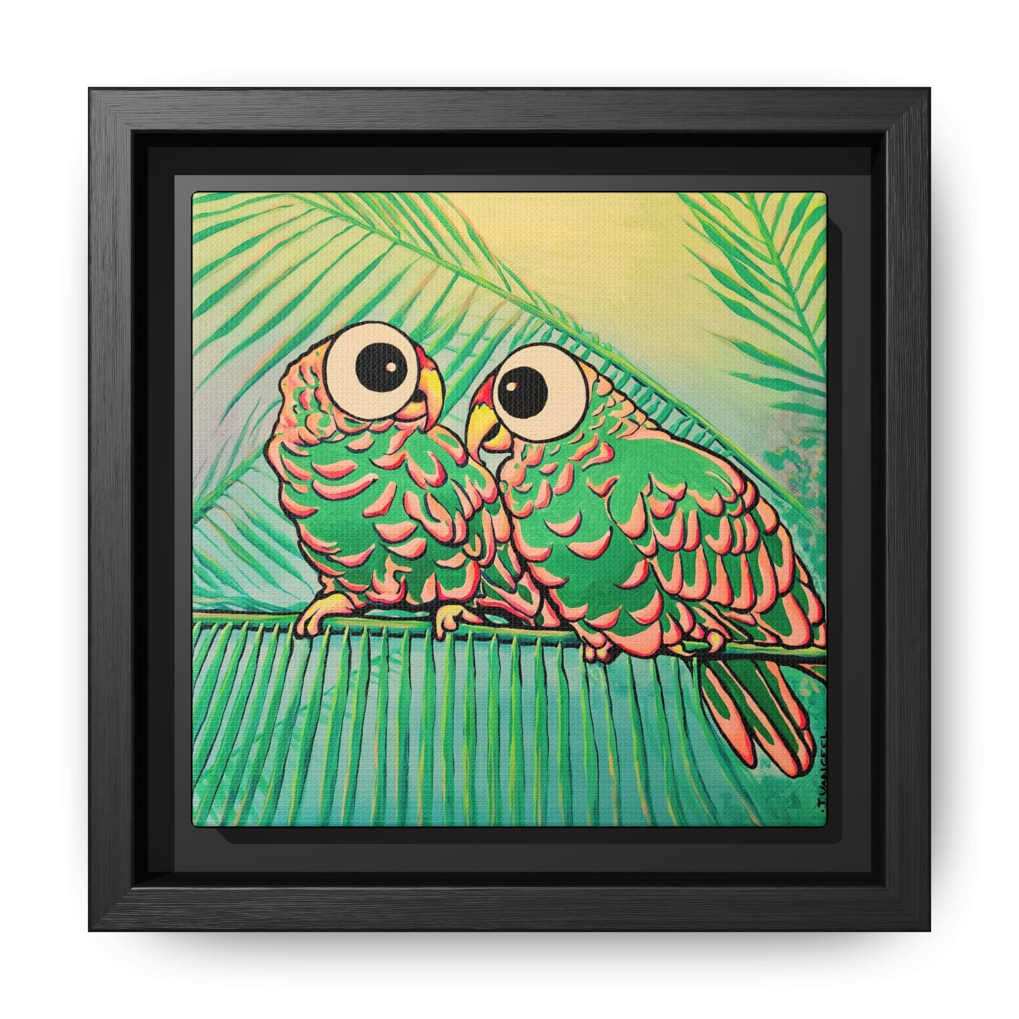 Framed Chatty Cyclops Parrots Canvas Print