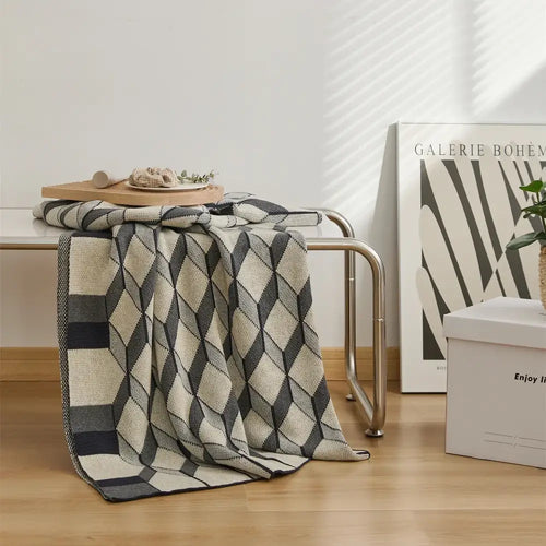 3d cube cotton knitted black & beige plaid blanket bedroom throw