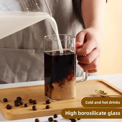 400ml square glass mug with bamboo lid and straw dining room cup