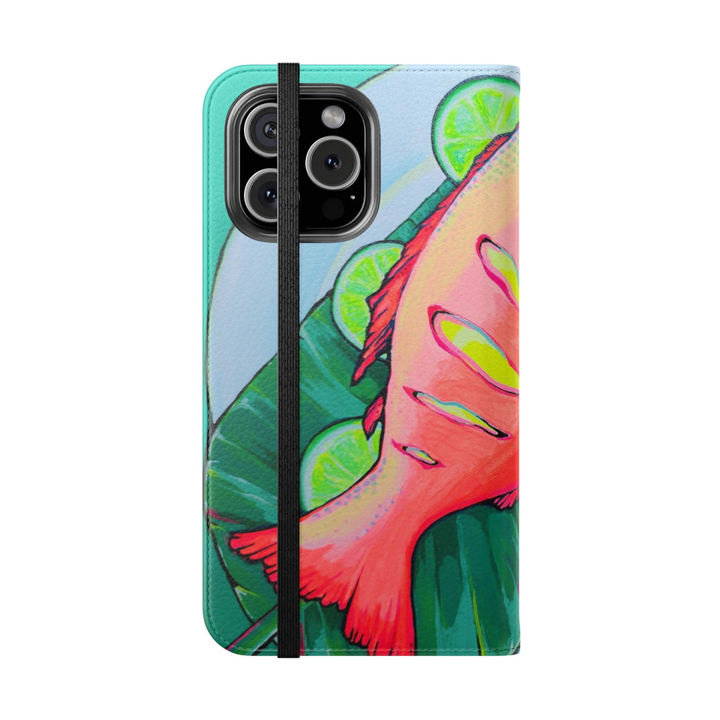 Neon Fried Fish Flip Phone Case – Wallet Cover with Card Slots