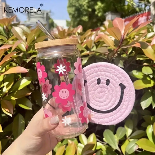470ml pink smiling flower glass tumbler with bamboo lid kitchen glass