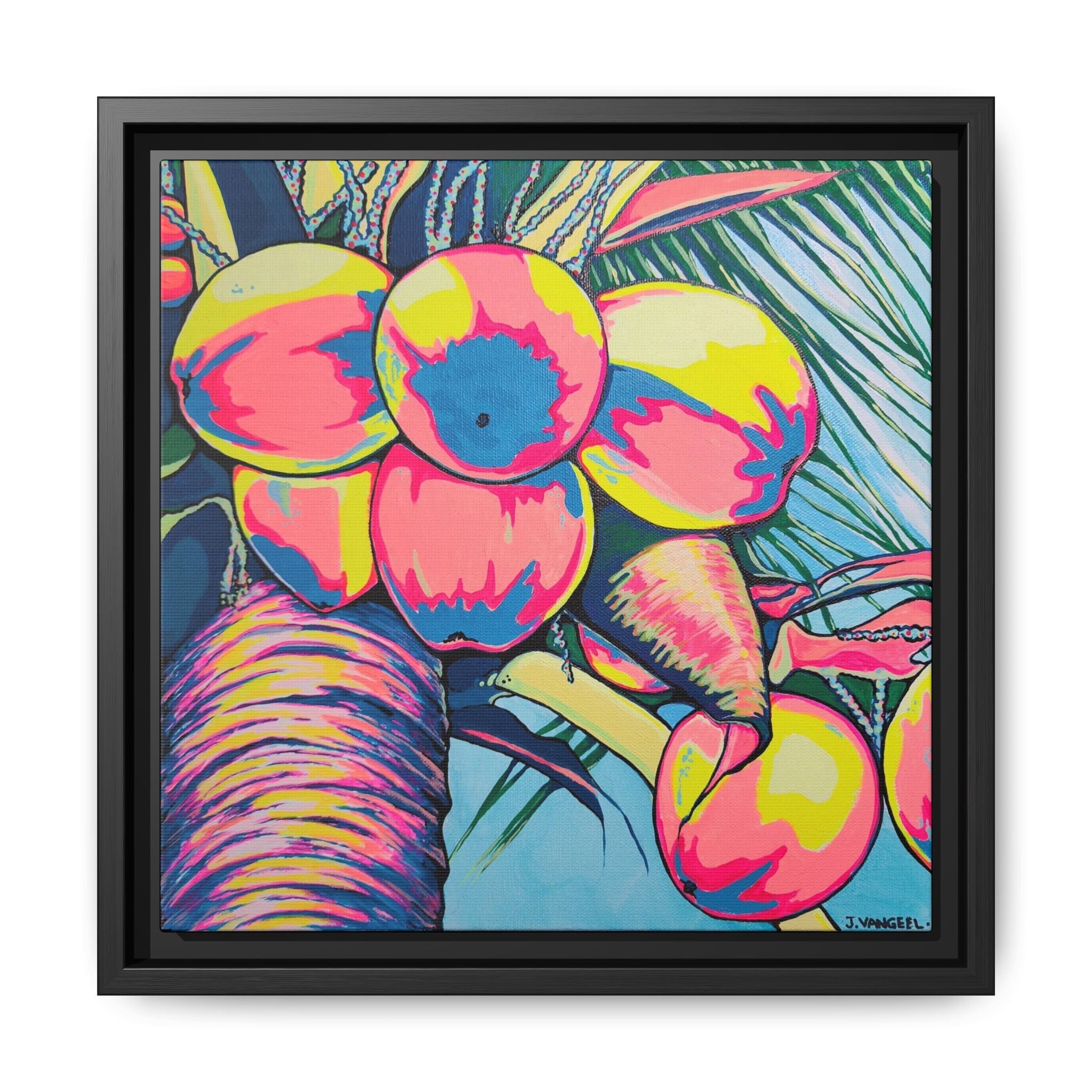 Framed Neon Coconuts Canvas Print