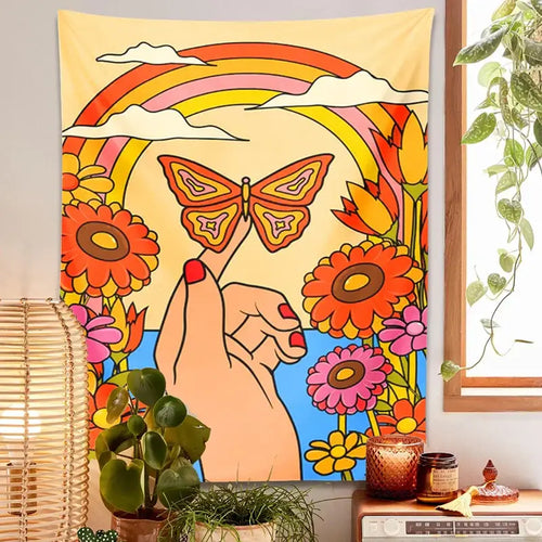 70s psychedelic butterfly rainbow tapestry bedroom wall art
