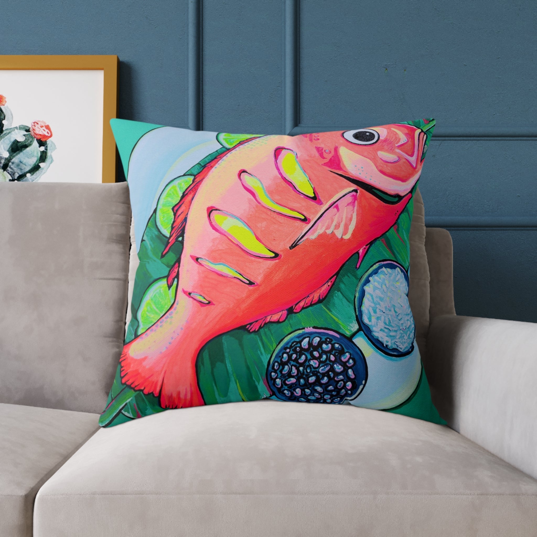 Neon Fried Fish Art Canvas Decorative Pillow
