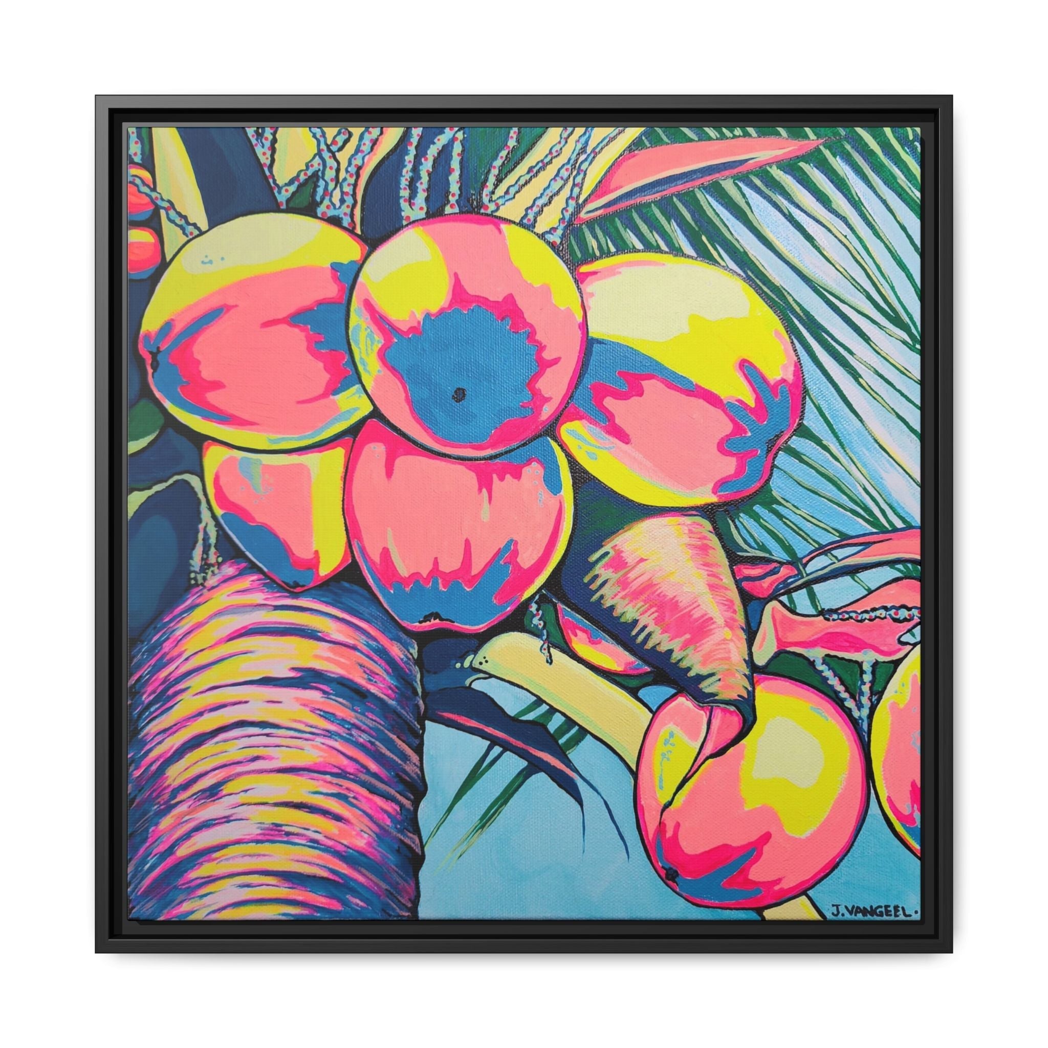 Framed Neon Coconuts Canvas Print