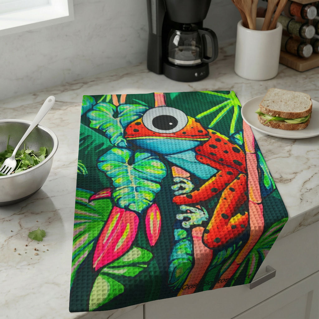 Cyclops Red Frog Waffle Weave Kitchen Hand Towel