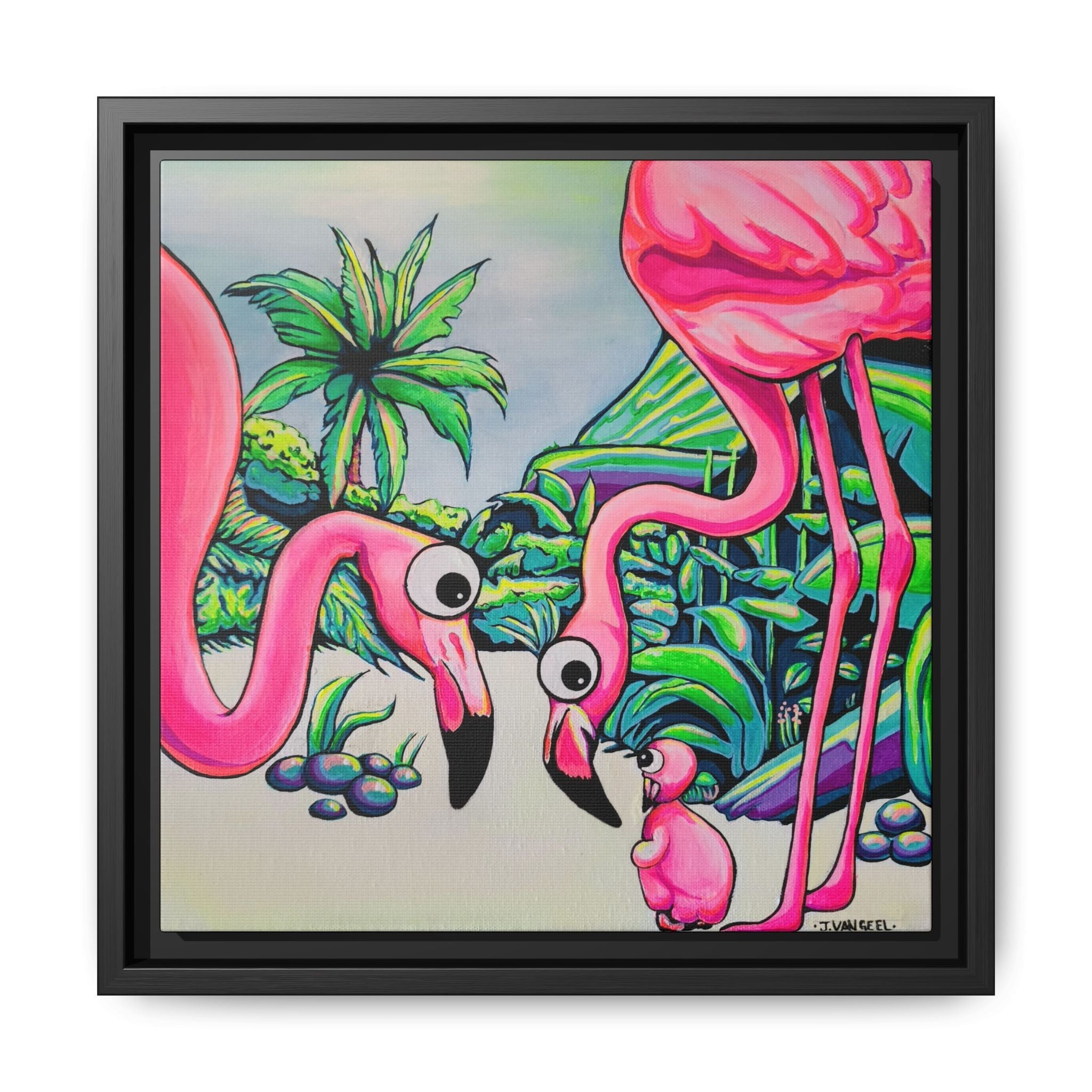 Framed Cyclops Flamingo Family Canvas Print