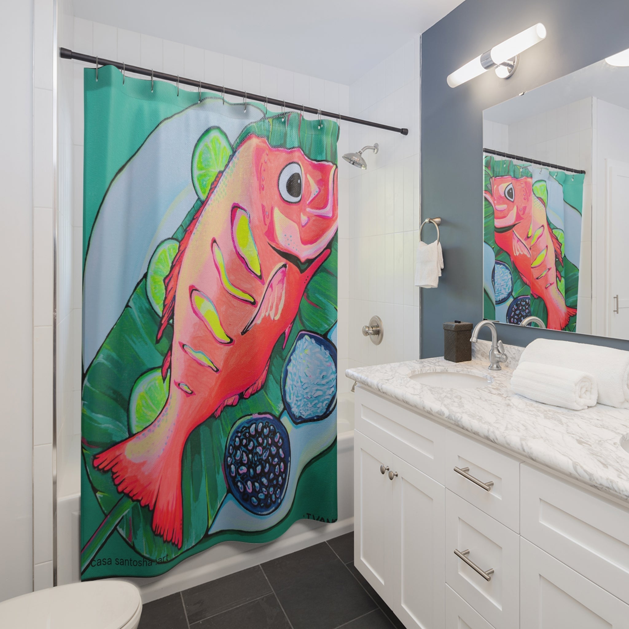 Neon Fried Fish Pop Art Shower Curtain