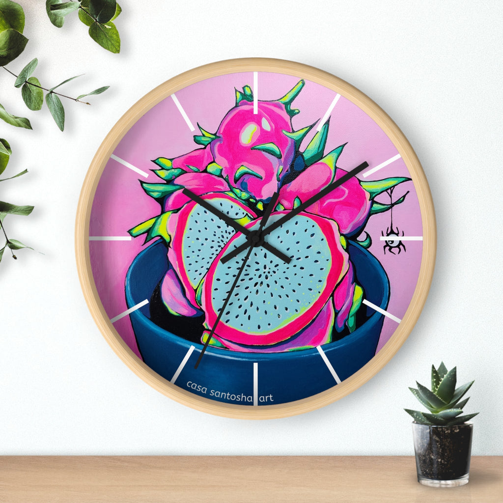 Neon Pink Dragon Fruit Pop Art Wall Clock