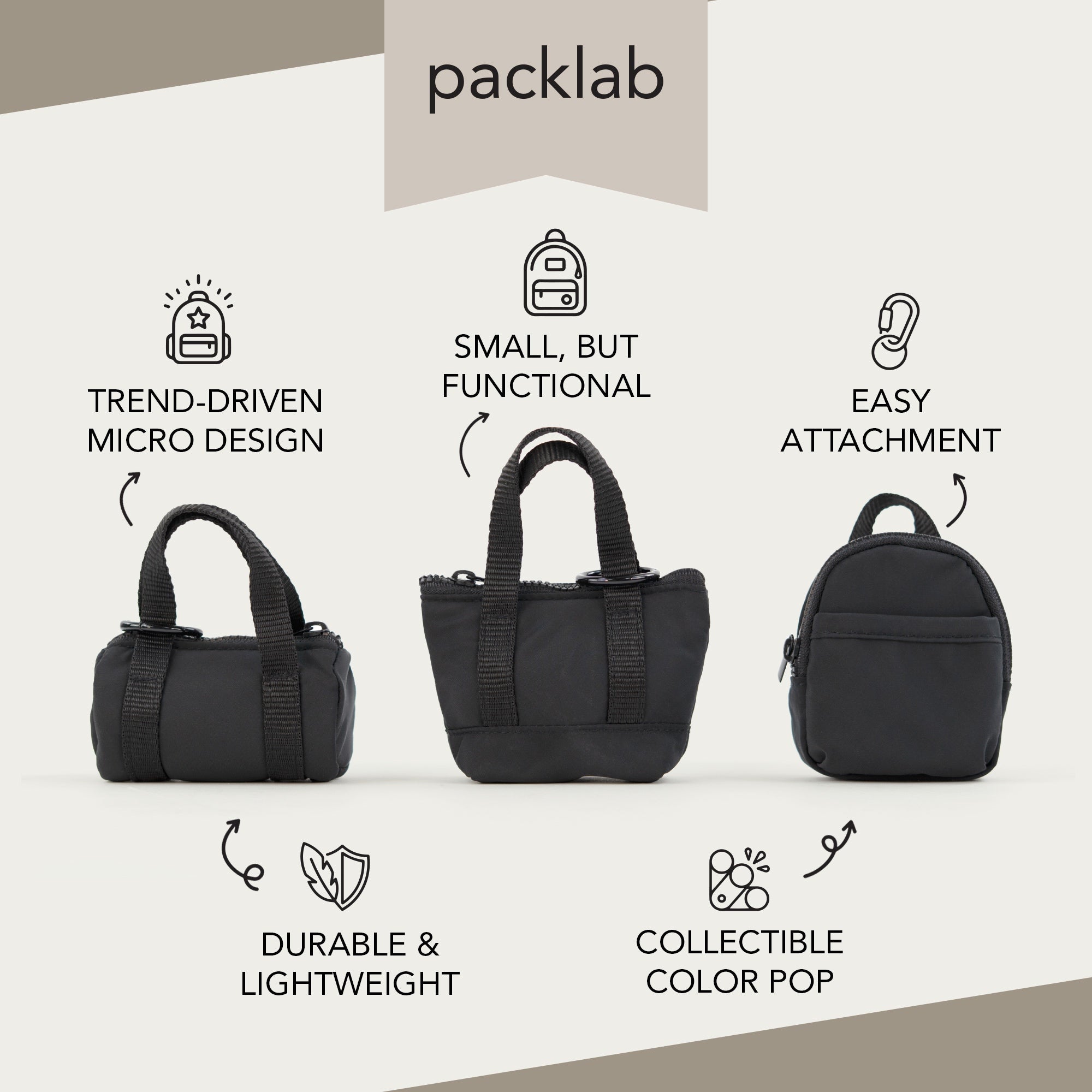 packlab Micro Nano Duffel Keychain - Black Mini Duffel Bag Coin Purse for Lip Balm, Earbuds & Everyday Essentials