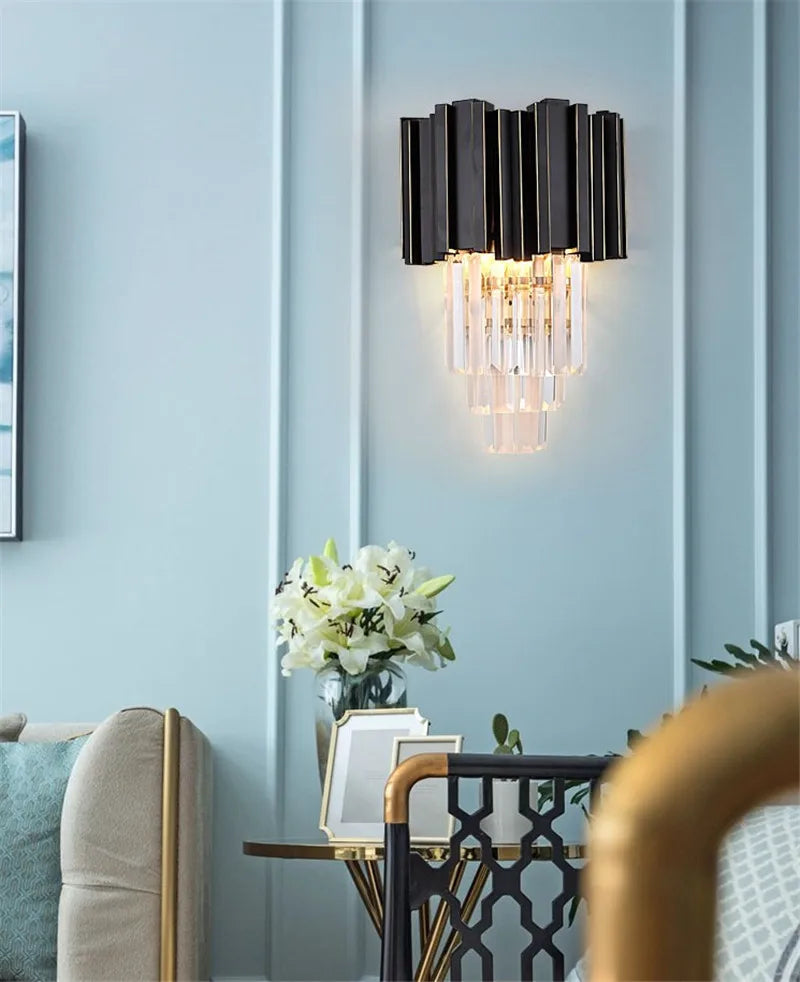 DecorBites™ Gold Black Crystal Wall Sconce, Modern K9 Crystal Drops Shade Wall Lamp