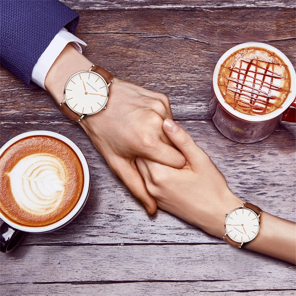 Dropshipping High Quality Rose Gold Dial Watch Men Leather Waterproof Wristwatch Women Dress Fashion Brand Quartz Movement Saat