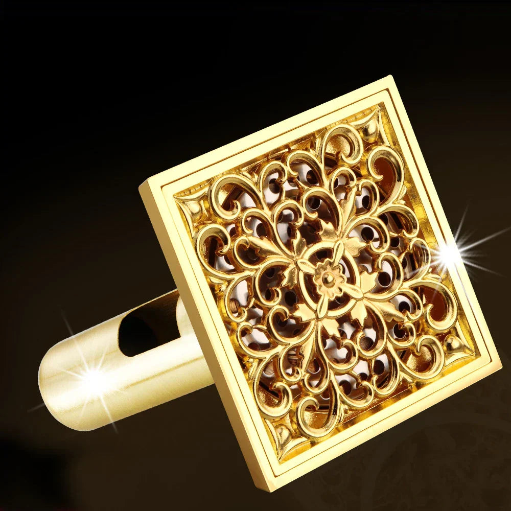 DecorBites™ Golden Square Floor Waste Drain 4cm, Luxury Bathroom Shower Grate 10cm * 10cm