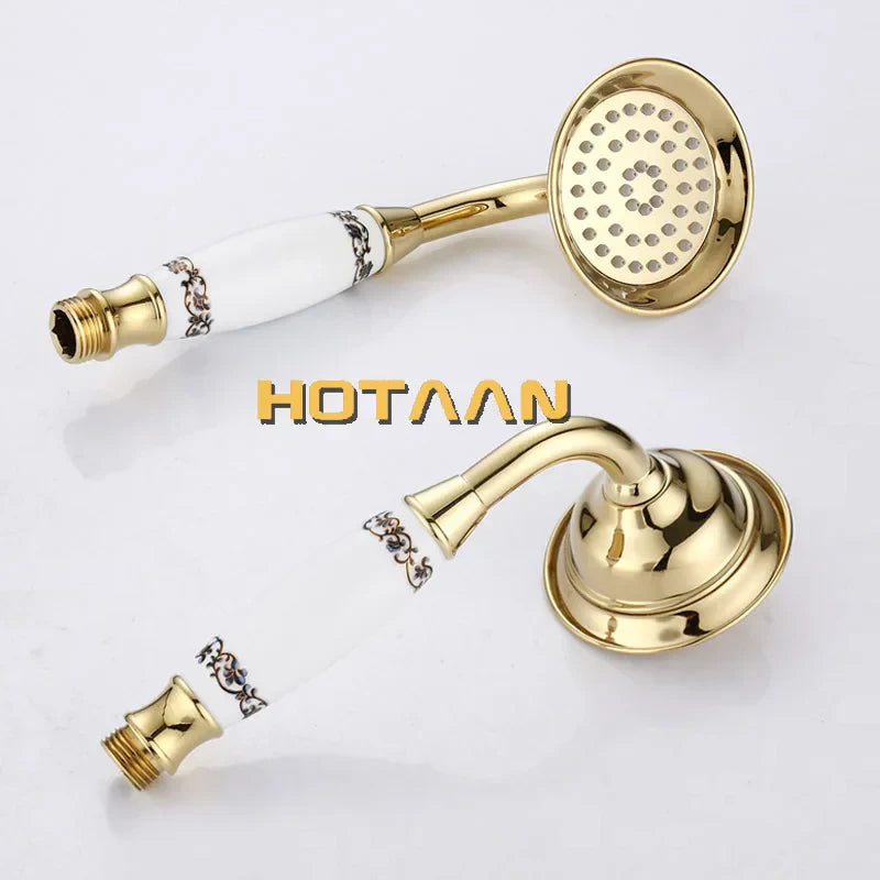 DecorBites™ Gold Finish Bath Tub Faucet with Ceramic Handle and Handheld Shower AI-5329