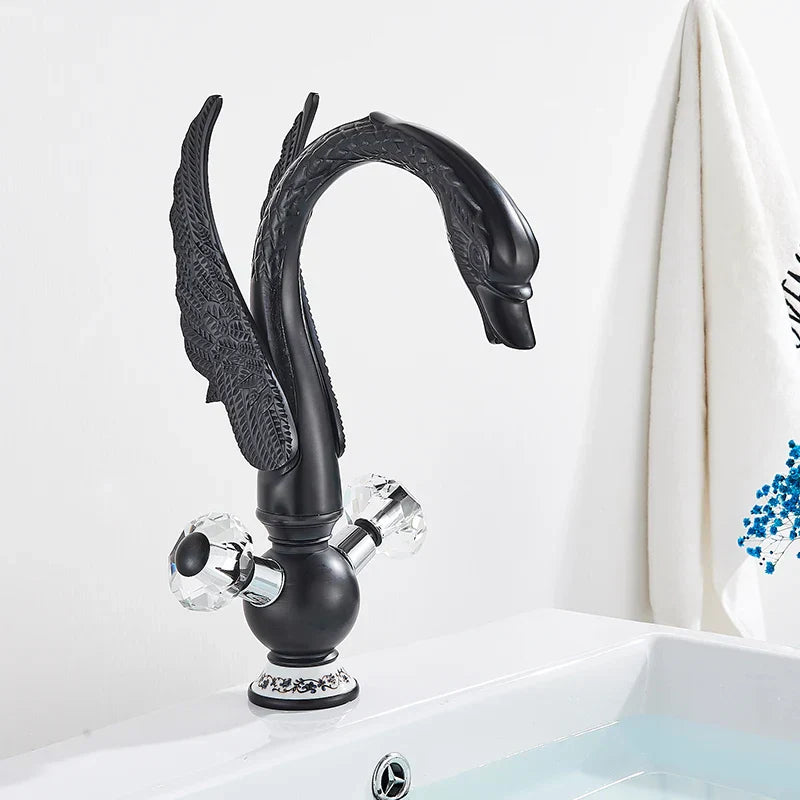 DecorBites™ Golden Swan Basin Faucet: Solid Brass, Deck Mount, Dual Handle Mixer Tap