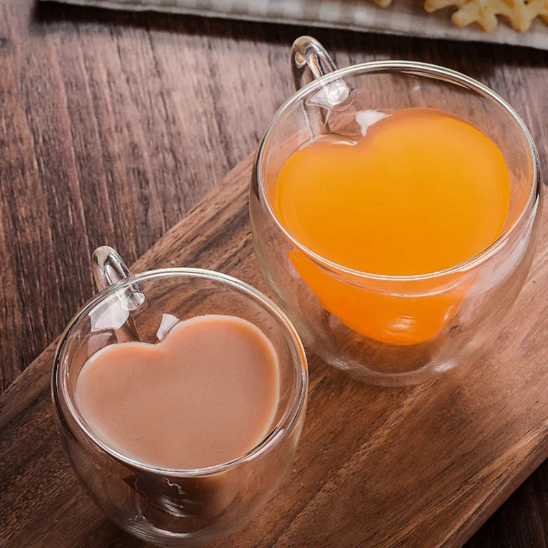 DecorBites™ Heart-Shaped Double Glass Mug | Romantic Couple Cups for Tea, Coffee