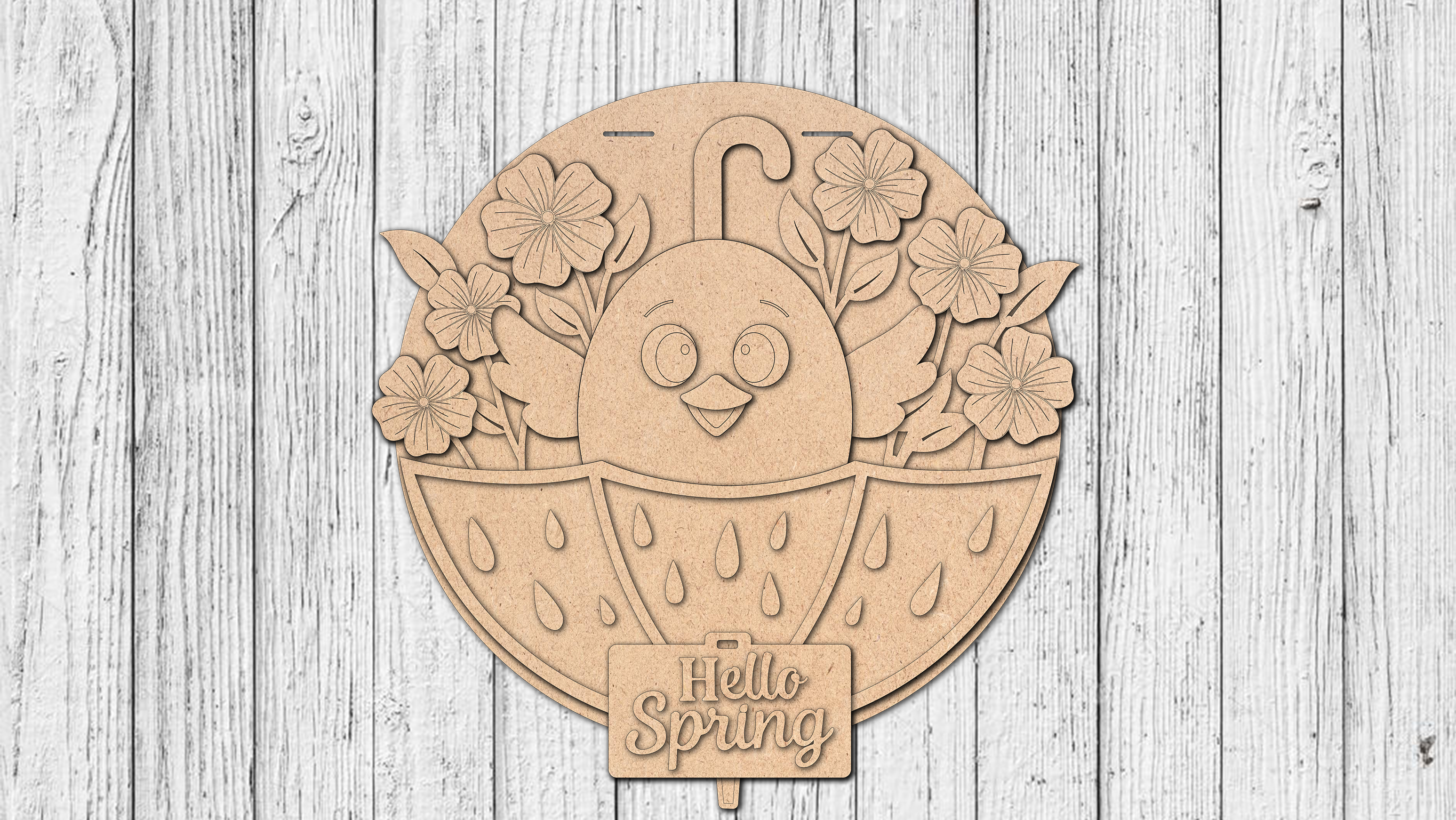 Hello Spring Umbrella Chick Door Hanger - DIY Unfinished Kit - Lvl 2