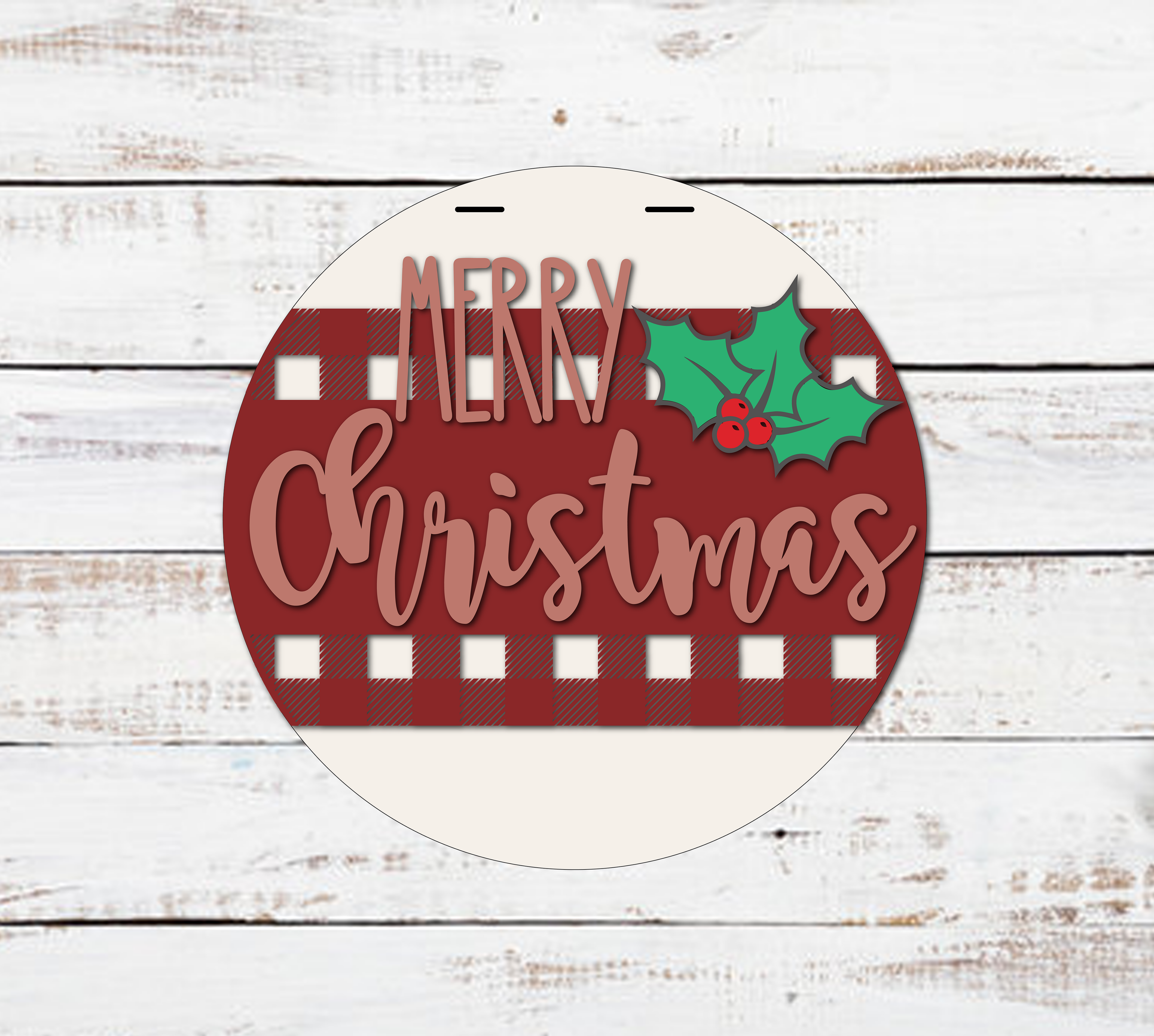 MERRY Christmas Holly Buffalo Plaid Door Hanger Unfinished Kit