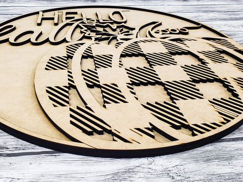 3D HELLO fall with Buffalo Plaid Pumpkin Door Hanger Unfinished Kit