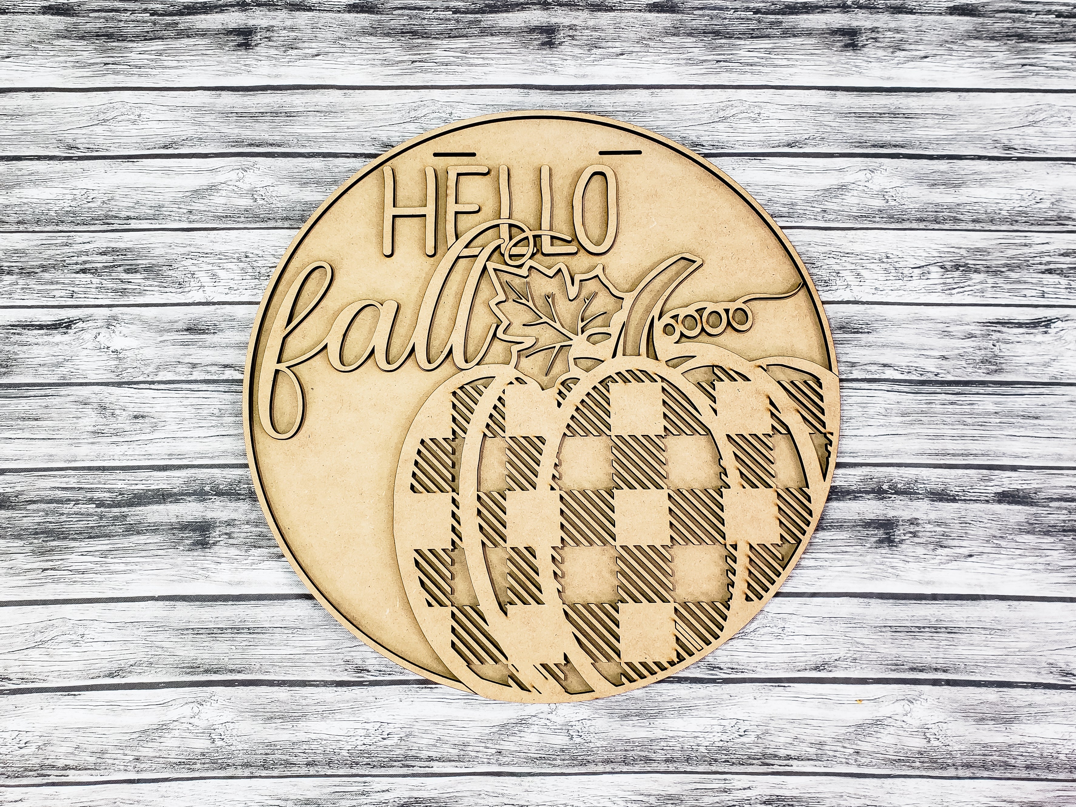 3D HELLO fall with Buffalo Plaid Pumpkin Door Hanger Unfinished Kit