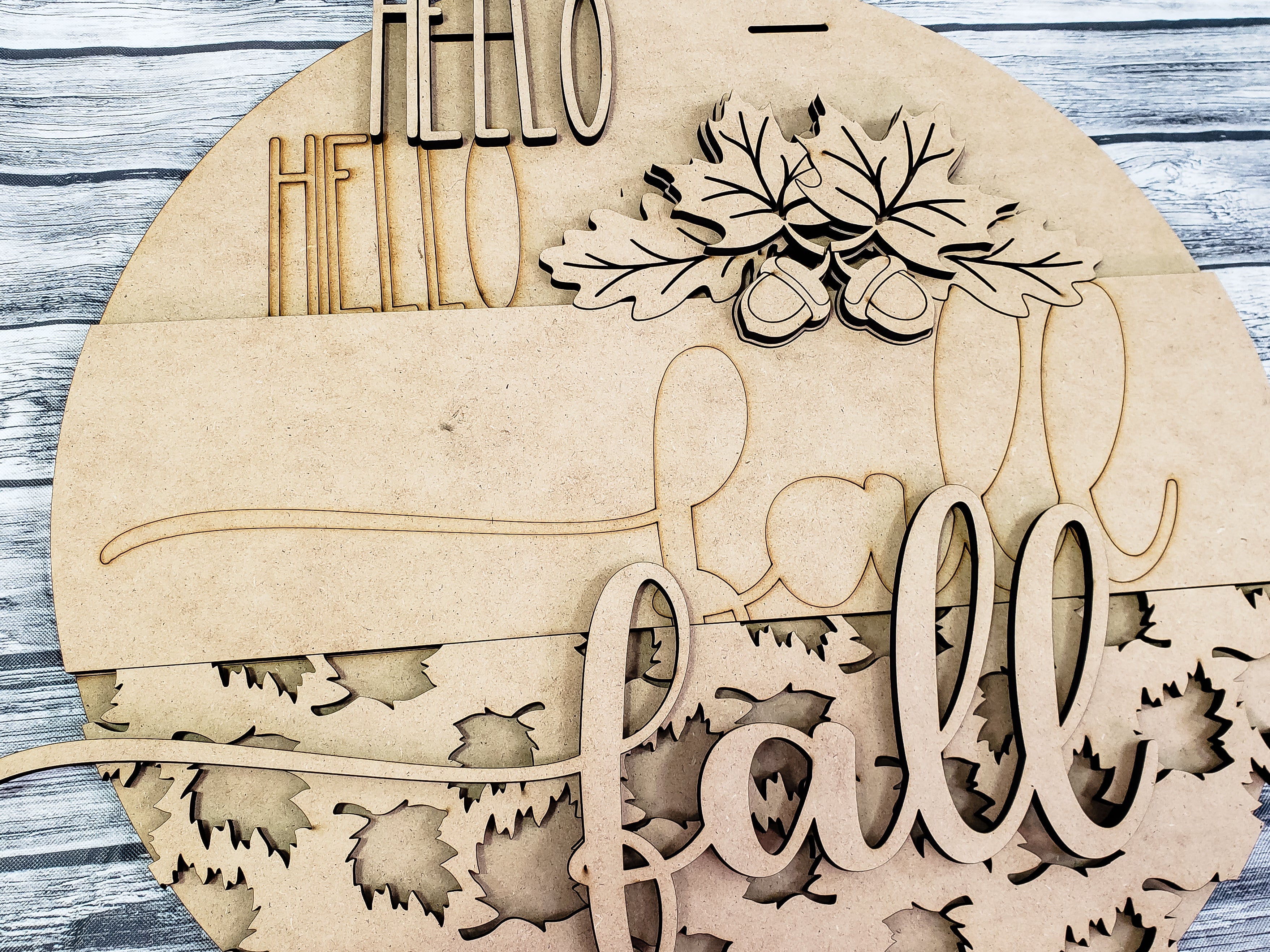 3D HELLO fall with Leaves Acorns and Leaf Overlay Door Hanger Unfinished Kit